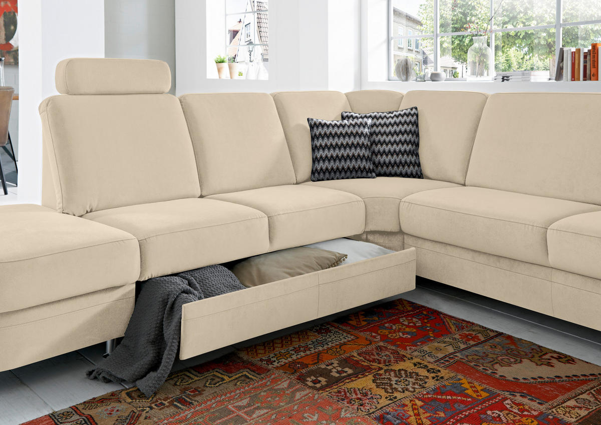 ECKSOFA in Flachgewebe Sandfarben  287/269 cm  - Sandfarben/Alufarben, KONVENTIONELL, Textil/Metall (287/269cm) - Beldomo System