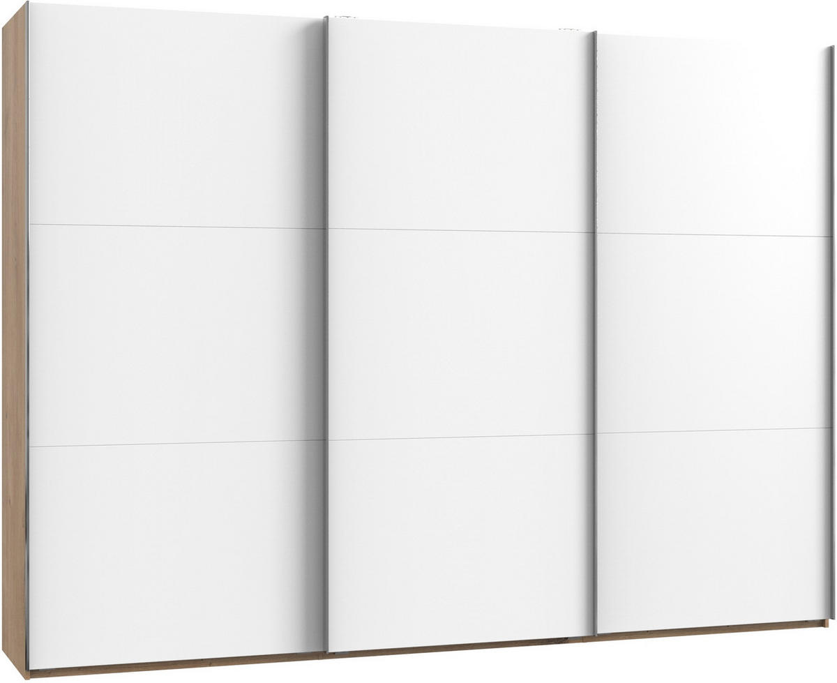 SCHWEBETÜRENSCHRANK  in Weiß, Eichefarben  - Chromfarben/Eichefarben, MODERN, Holzwerkstoff (300/216/65cm) - MID.YOU