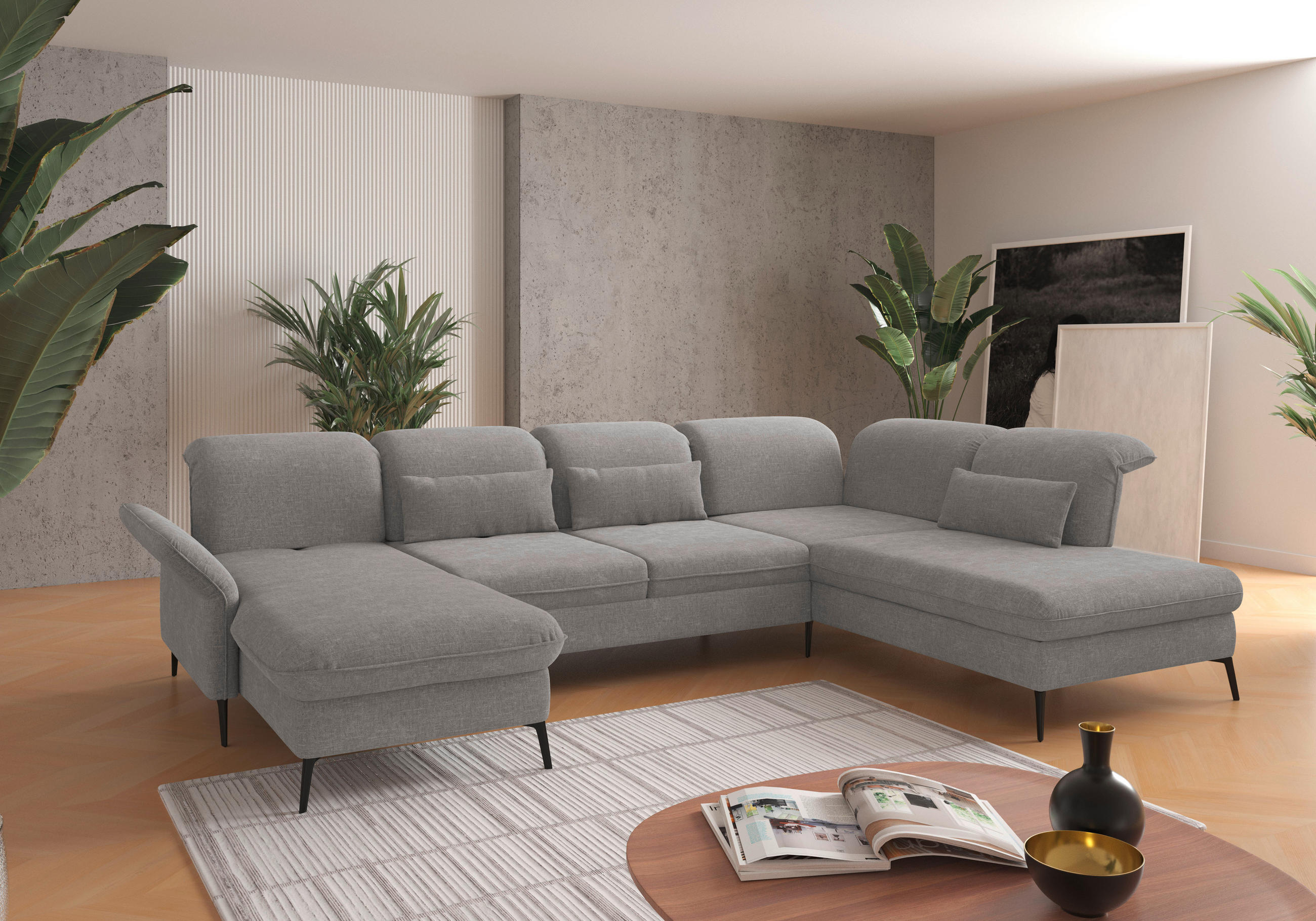 WOHNLANDSCHAFT Hellgrau Flachgewebe  - Hellgrau/Schwarz, KONVENTIONELL, Textil/Metall (198/359/231cm) - Sit & More