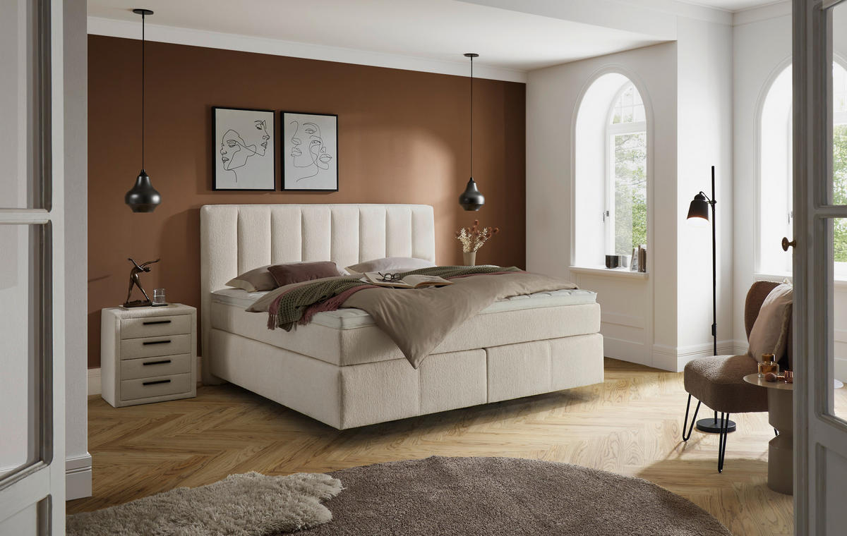 BOXSPRINGBETT 180/200 cm,  in Creme, H2 + H3 = mittel + fest  - Creme, KONVENTIONELL, Kunststoff/Textil (180/200cm) - Voleo