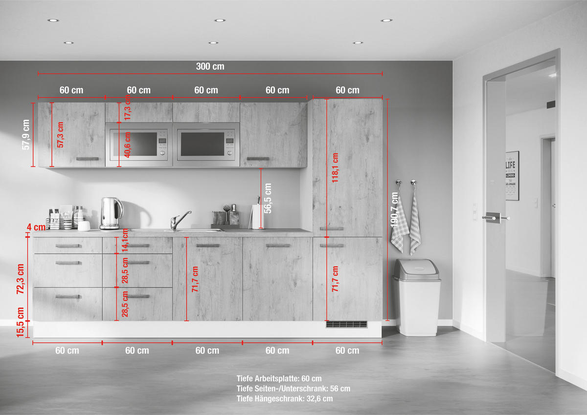 KÜCHENBLOCK 300 cm   Cappuccino  - Eiche dunkel/Grau, Design, Holzwerkstoff/Metall (300cm) - Impuls
