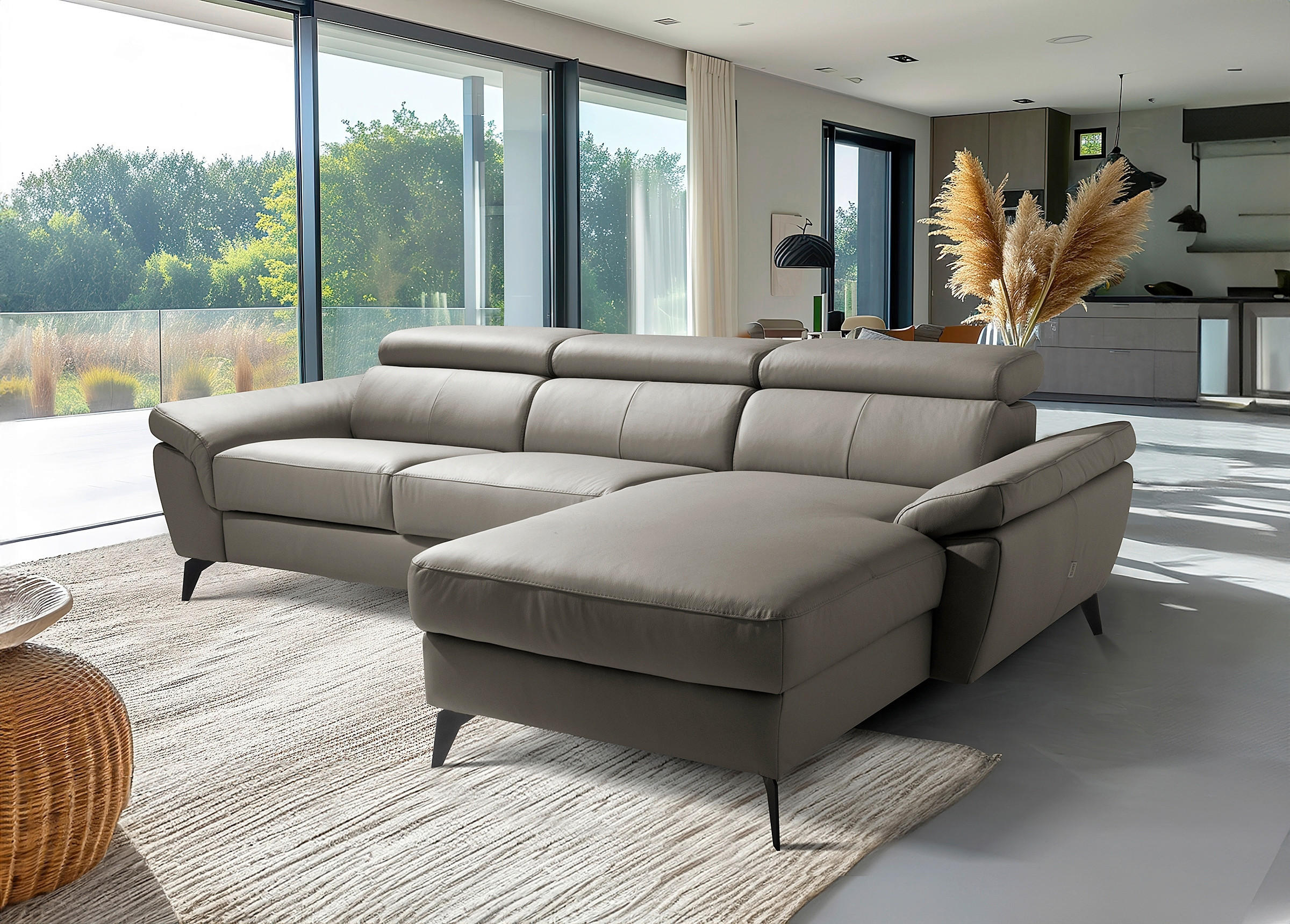 ECKSOFA SONO in Lederlook Echtleder Schlammfarben Armteilverstellung, Kopfteilverstellung  252/179 cm  - Schlammfarben/Schwarz, Design, Leder/Textil (252/179cm) - Livetastic