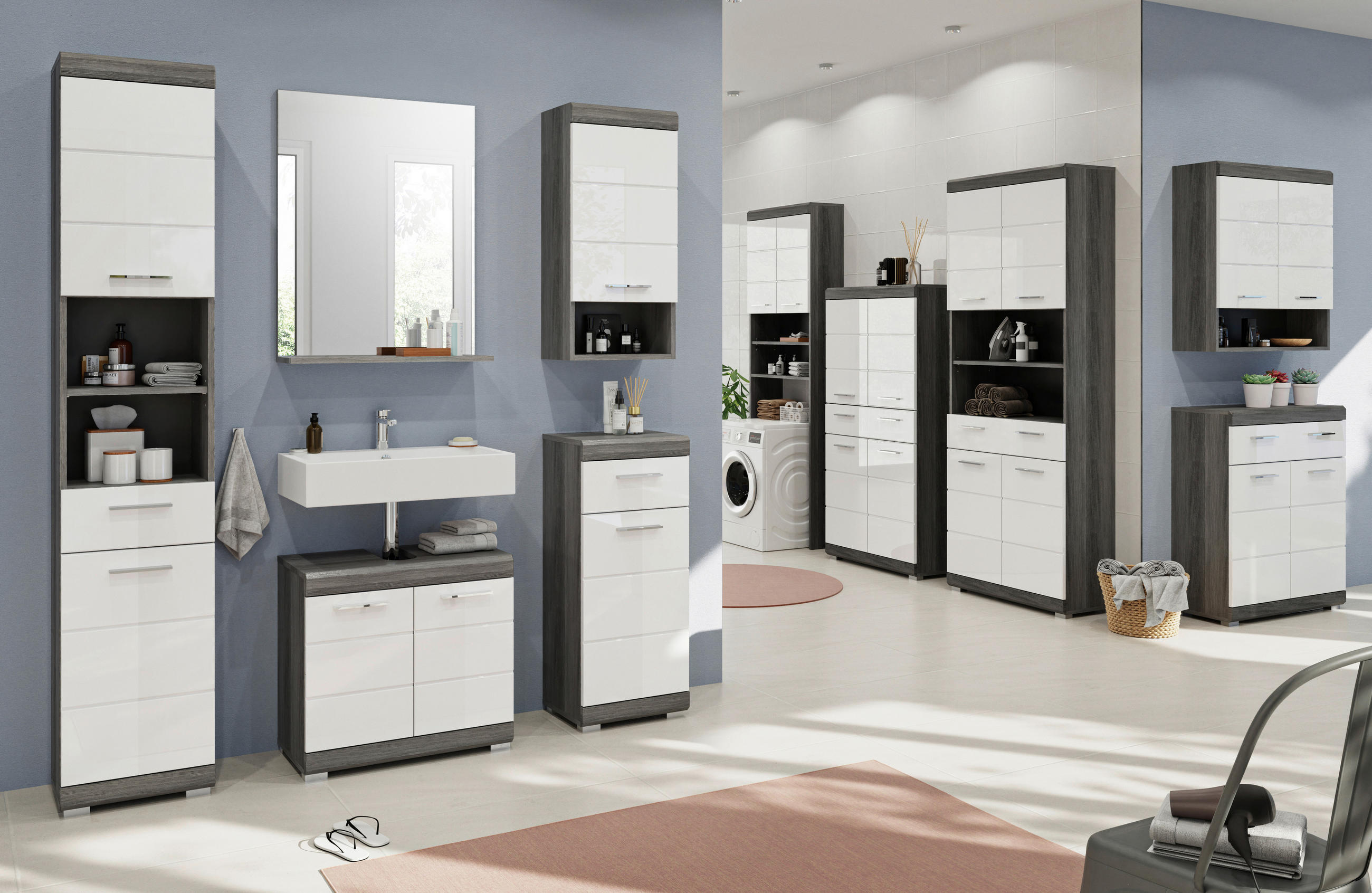 Thumbnail - Mid.you Hochschrank Scout, Anthrazit, Grau, Weiß Hochglanz, Kunststoff, 5 Fächer, 1 Schublade(n) Schubladen, 74x191x31 c...