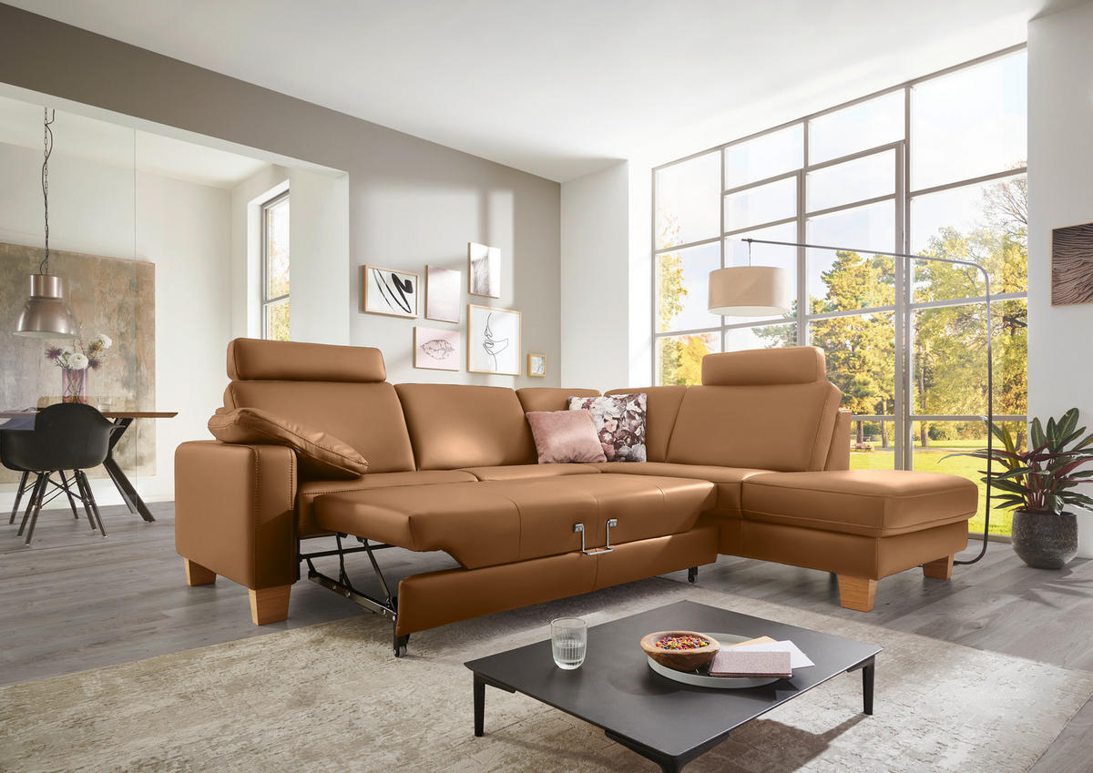 ECKSOFA in Echtleder Hellbraun  - Hellbraun/Eiche Bianco, Konventionell, Leder/Holz (257/235cm) - Valdera