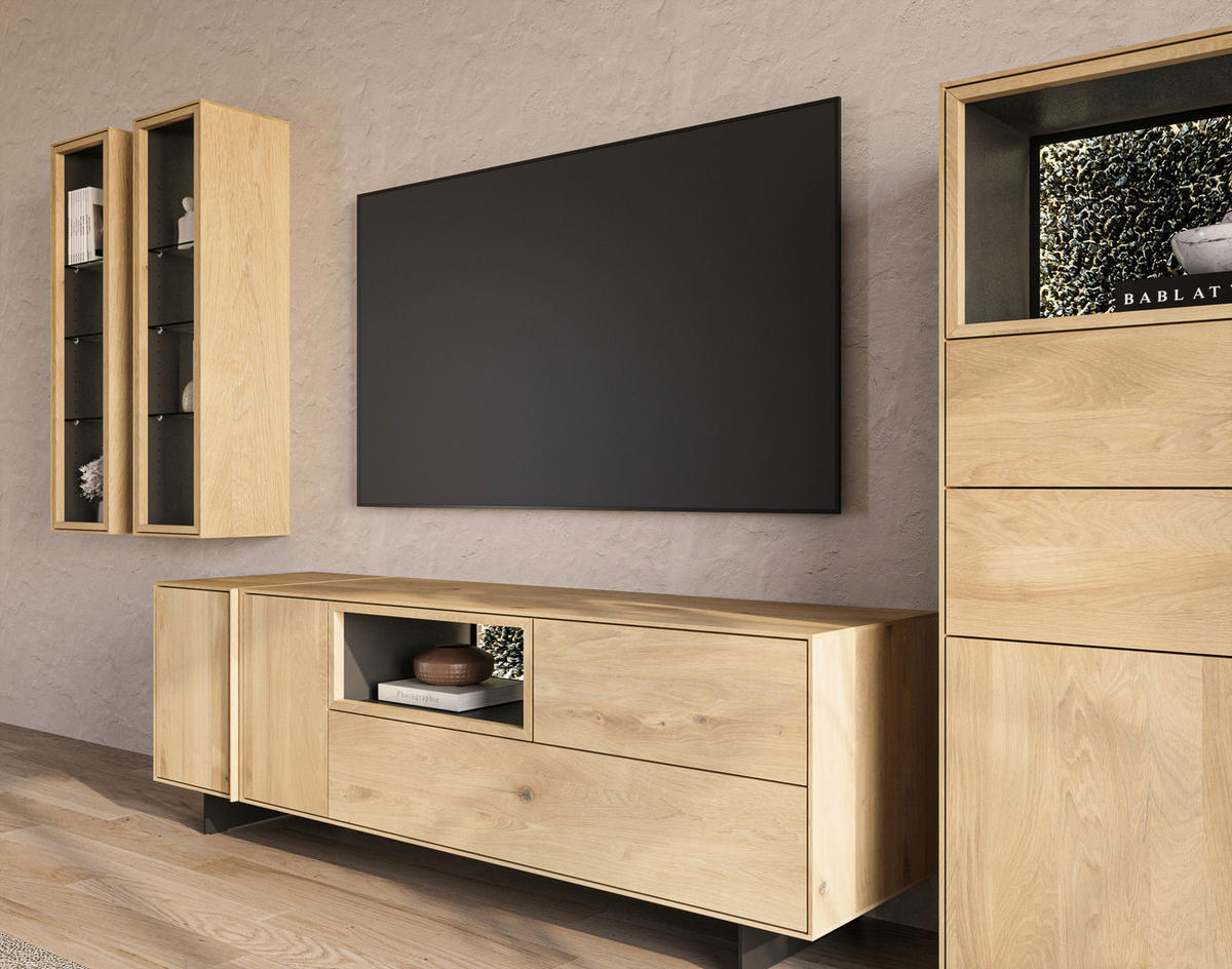 WOHNWAND  Eichefarben 272/202/50 cm  - Eichefarben/Schwarz, Natur, Glas/Leder (272/202/50cm) - Cassando