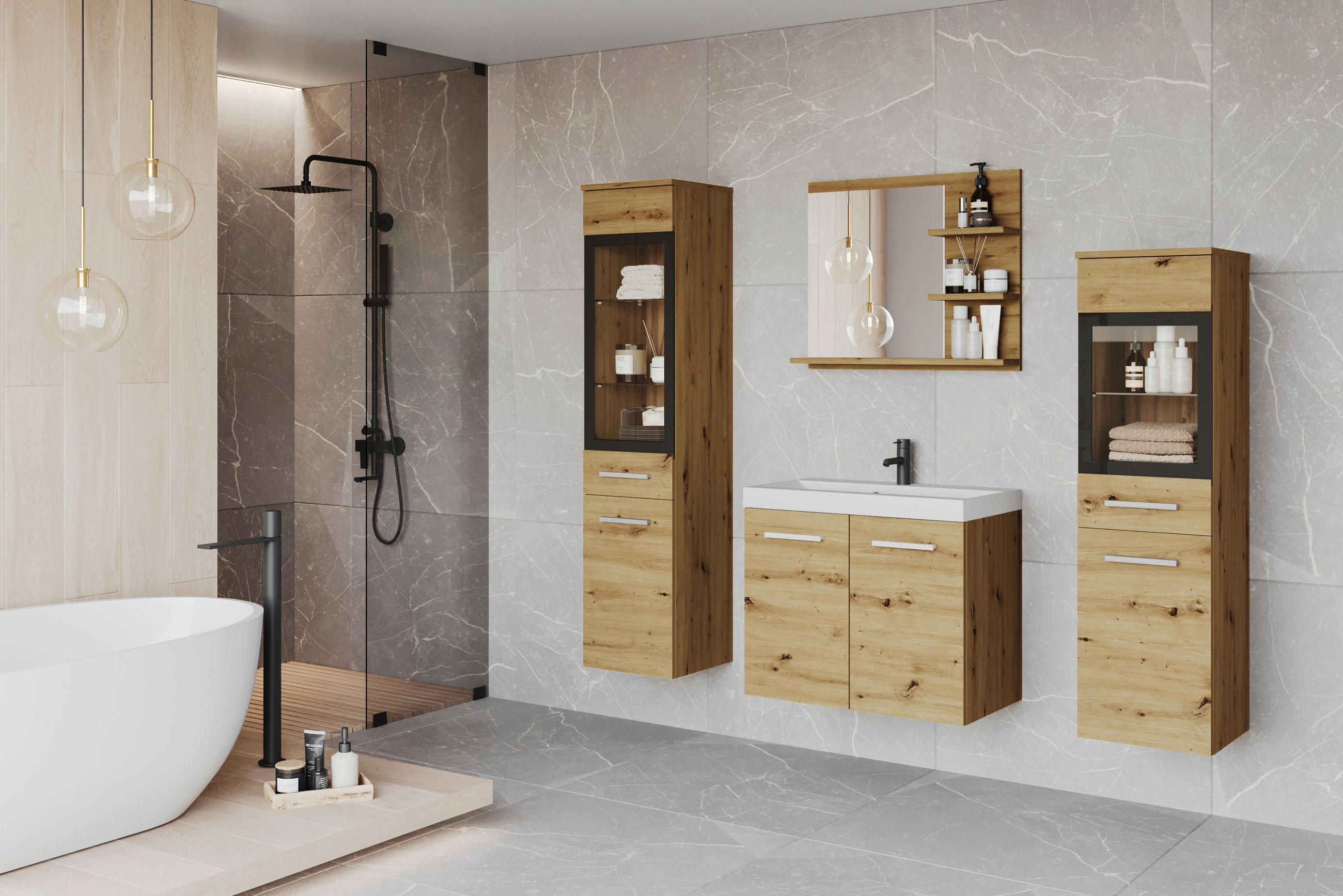 Badmöbel-Set 5-tlg. Madrit mit 5-teilig 120 cm  - Weiss/Eiche Artisan, Lifestyle, Glas/Holzwerkstoff (120cm) - P & B