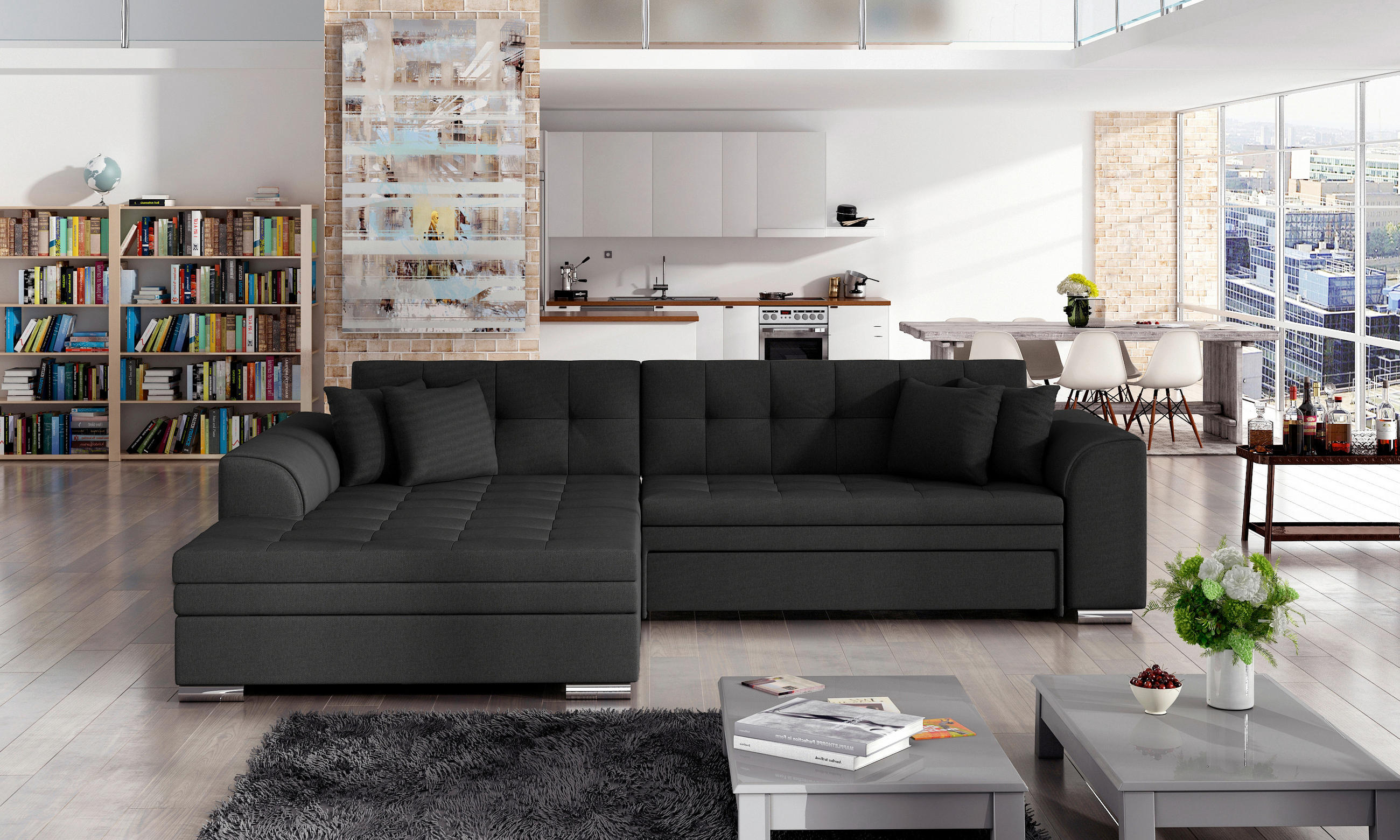 ECKSOFA Anthrazit Webstoff  - Chromfarben/Anthrazit, Design, Kunststoff/Textil (194/296cm) - MID.YOU