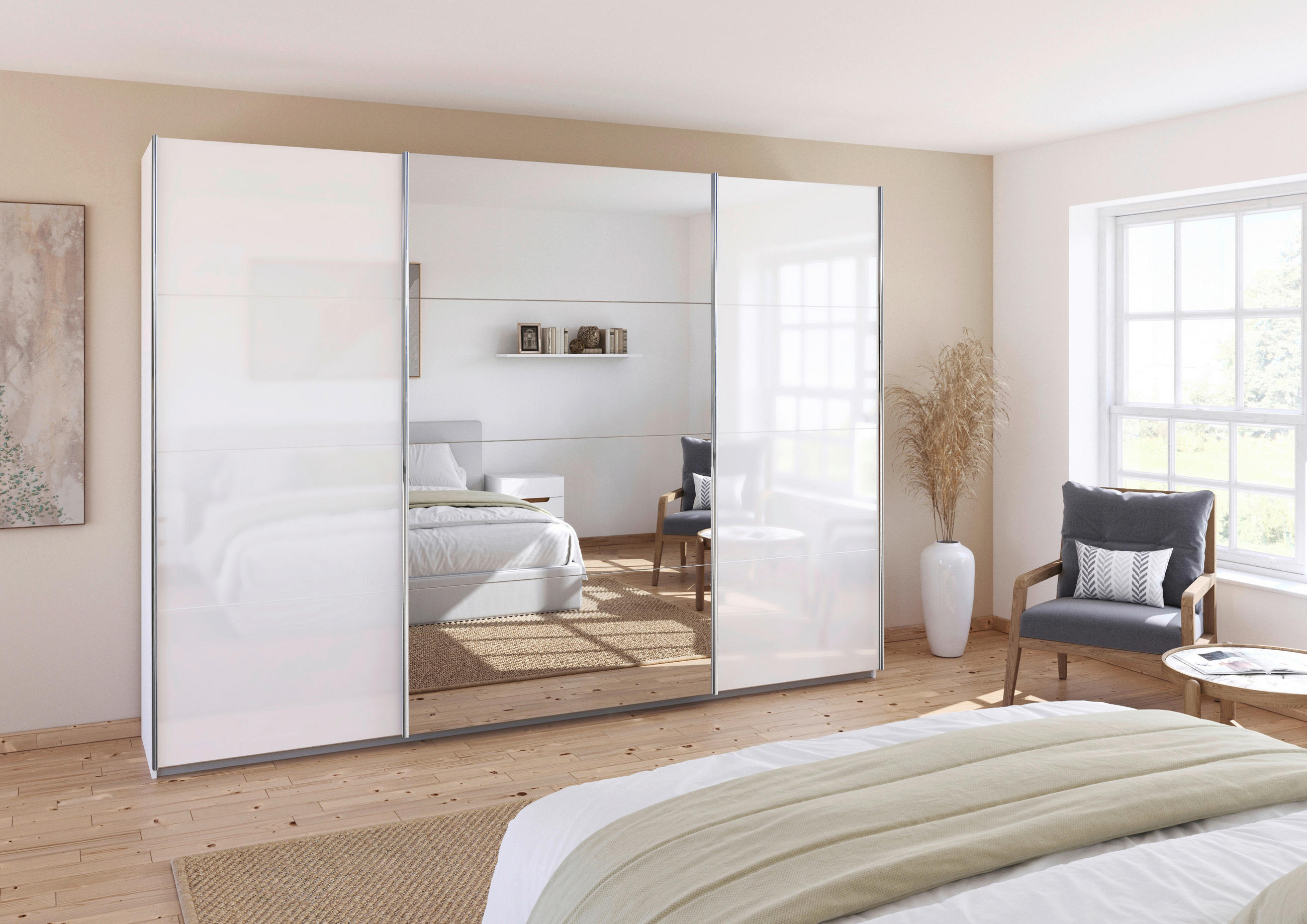 SCHWEBETÜRENSCHRANK in Weiss, Weiss Hochglanz  - Weiss Hochglanz/Chromfarben, Design, Glas/Holzwerkstoff (315/229/62cm) - Xora