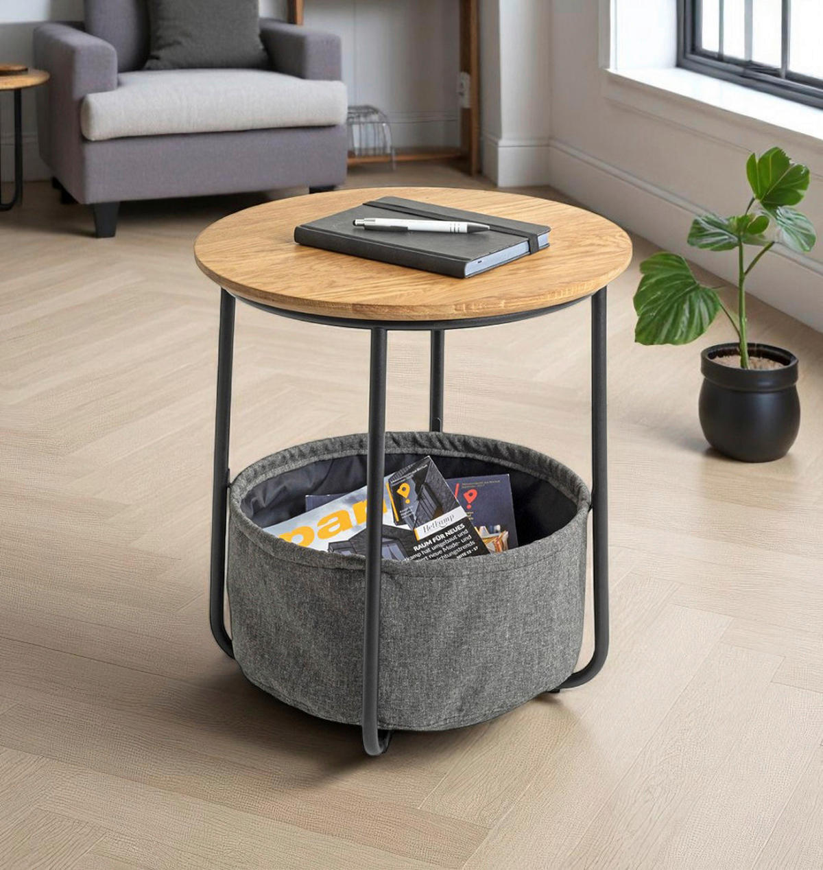 Beistelltisch Rubi 2 45/45/50 cm Eiche Hartholz Grau, Schwarz, Eichefarben rund  - Eichefarben/Schwarz, Trend, Holz/Textil (45/45/50cm)
