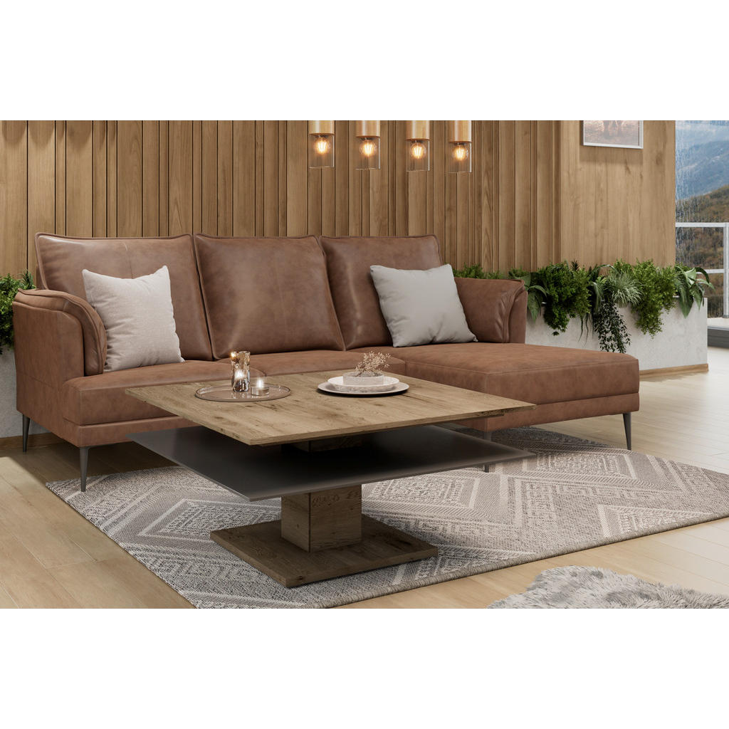 Thumbnail - Voglauer Couchtisch, Anthrazit, Eiche, Holz, Glas, Altholz, Eiche, massiv, quadratisch, eckig, Säule, Bodenplatte, 90x46...
