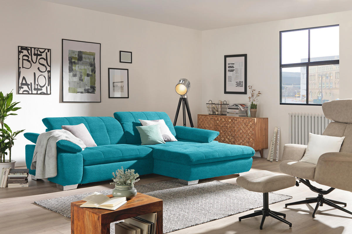 ECKSOFA in Mikrofaser Türkis  - Türkis/Chromfarben, Design, Textil/Metall (265/180cm) - Carryhome