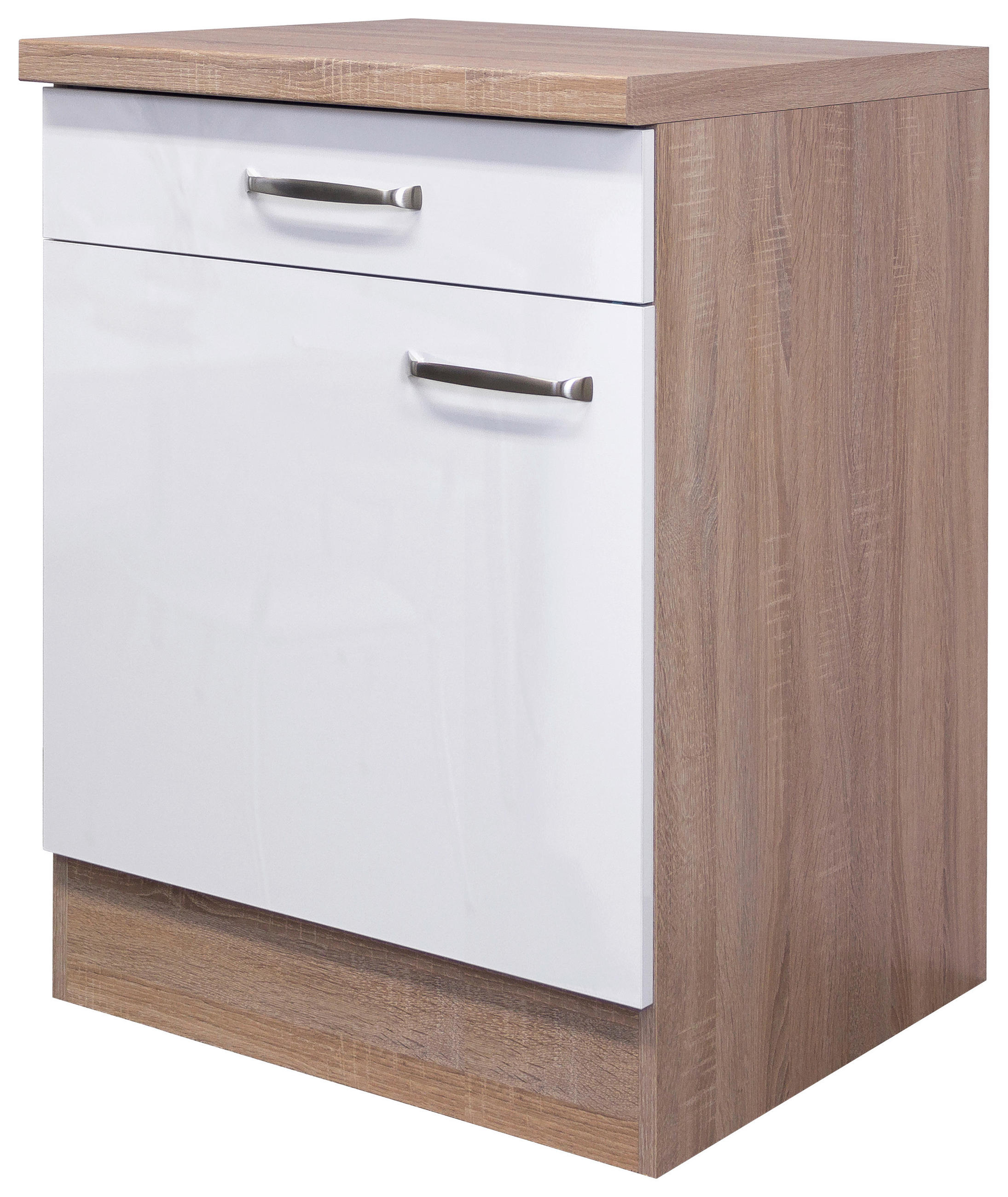 KÜCHENUNTERSCHRANK 60/86/60 cm  in Sonoma Eiche, Weiß Hochglanz  - Edelstahlfarben/Weiß Hochglanz, MODERN, Holzwerkstoff/Metall (60/86/60cm) - FlexWell