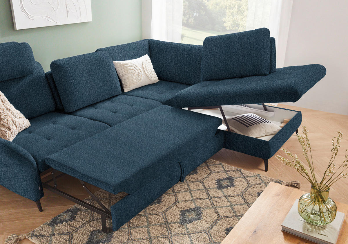 ECKSOFA in Struktur Blau  - Blau/Schwarz, Natur, Textil/Metall (288/233cm) - Valnatura