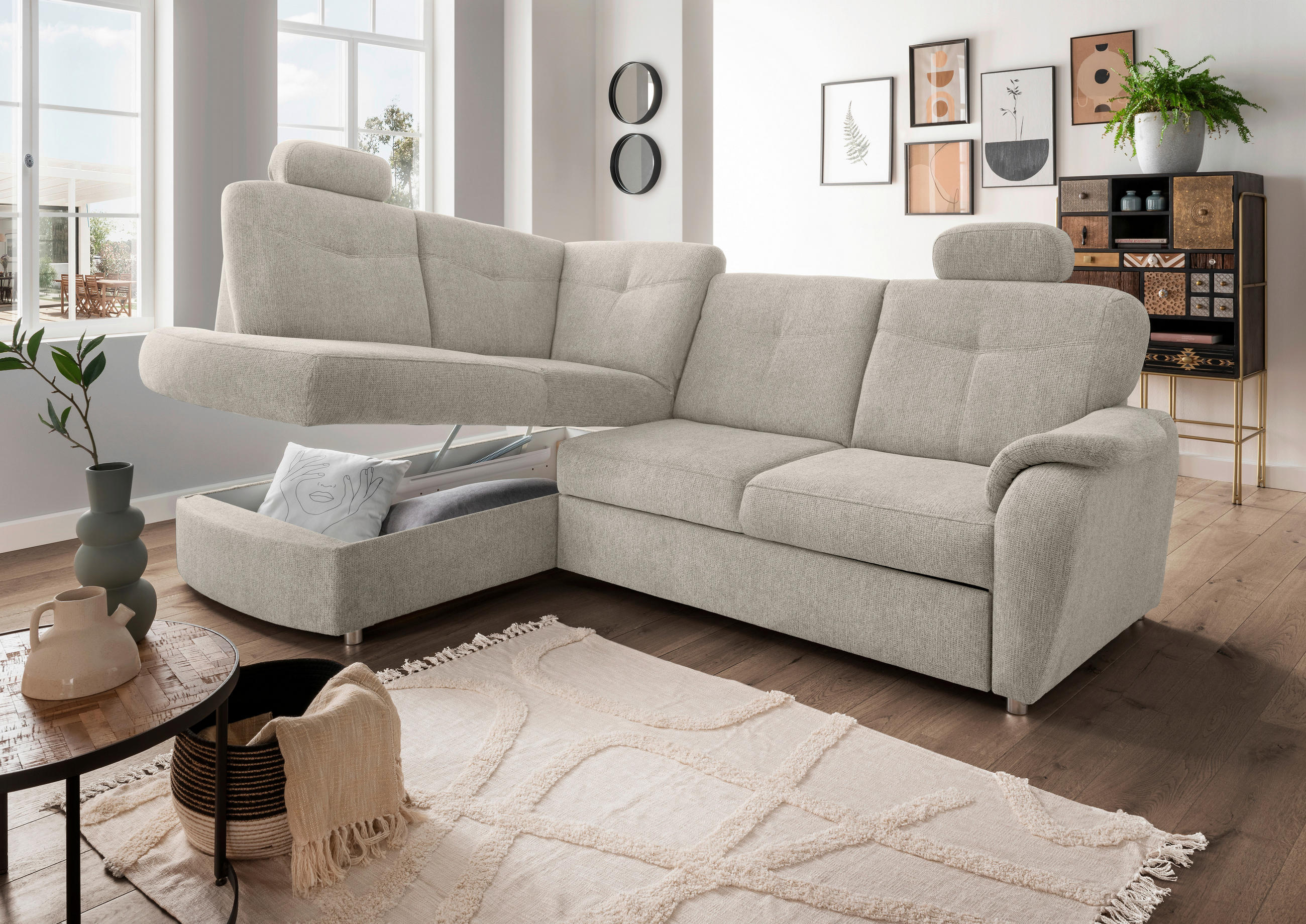 ECKSCHLAFSOFA Chenille Beige  - Chromfarben/Beige, MODERN, Kunststoff/Textil (180/264cm) - Livetastic
