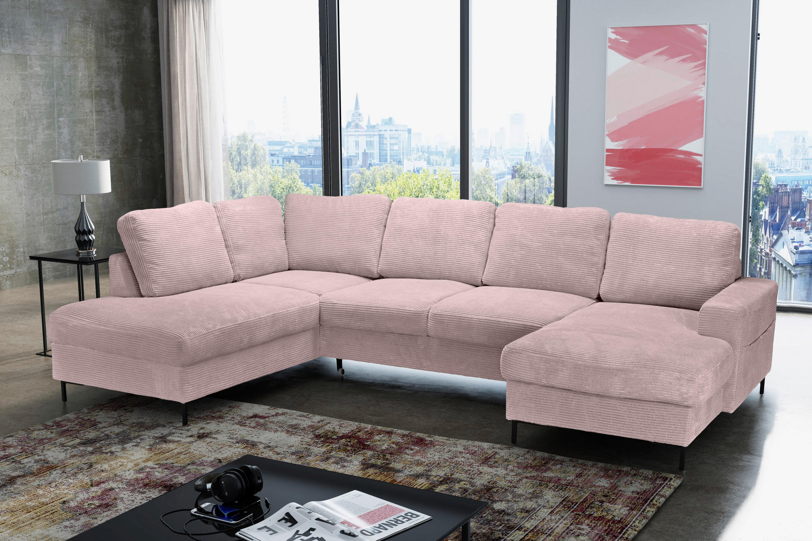 WOHNLANDSCHAFT Altrosa Cord  - Schwarz/Altrosa, KONVENTIONELL, Textil/Metall (197/303/148cm) - Carryhome