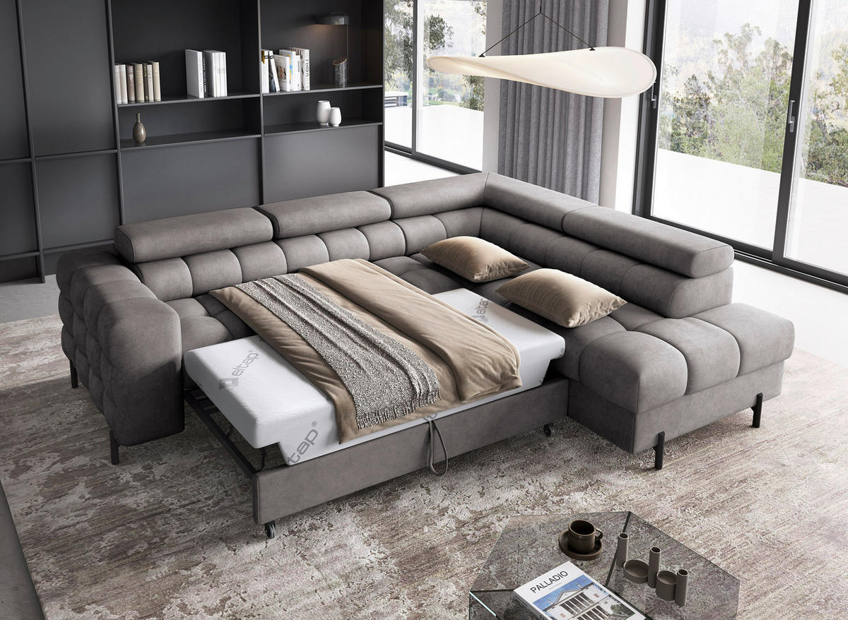 ECKSOFA FERUCCE Grau Chenille Bettkasten, Kopfteilverstellung  - Schwarz/Grau, Design, Textil/Metall (276/200cm) - MID.YOU