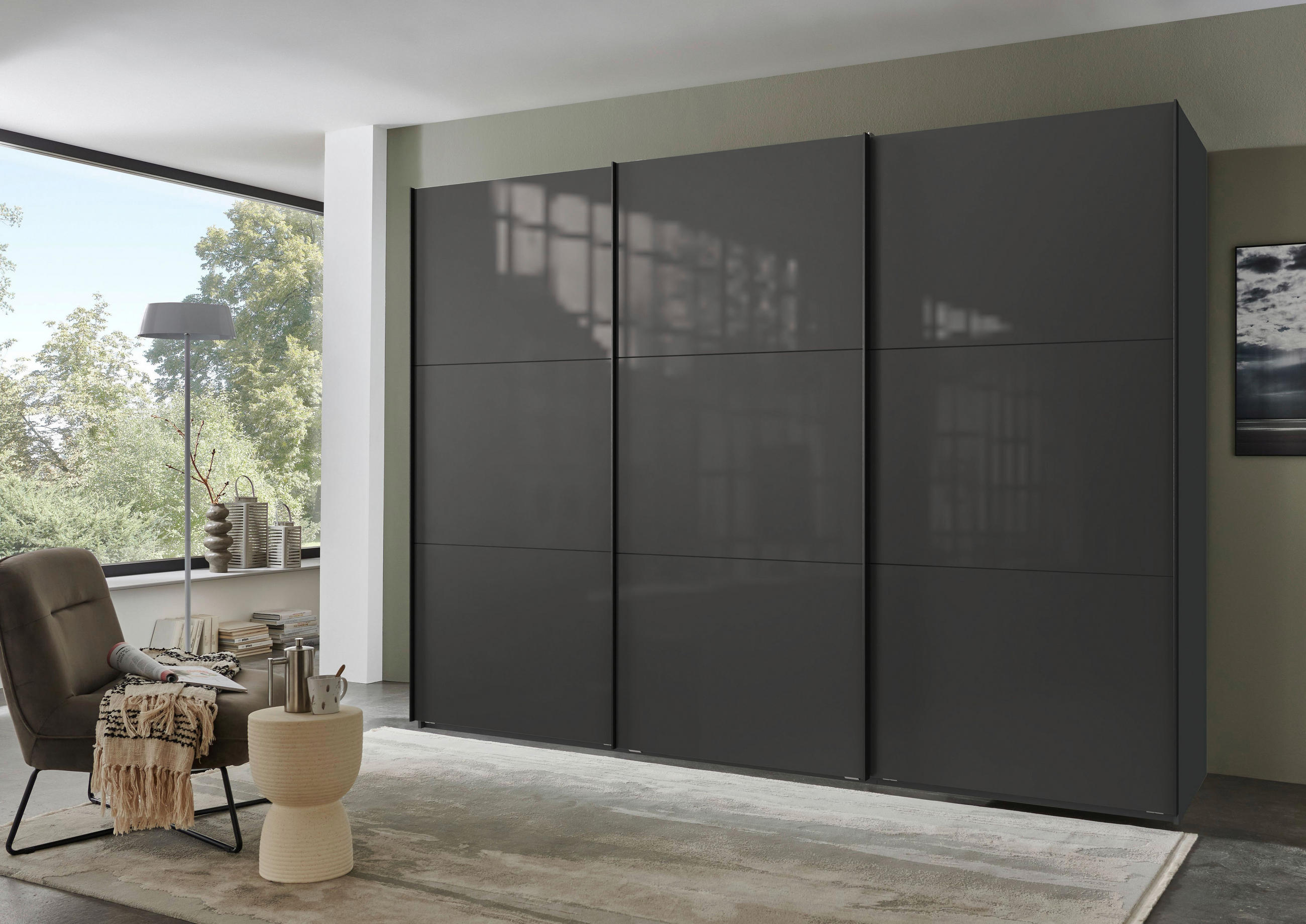 SCHWEBETÜRENSCHRANK in Graphitfarben, Grau  - Schwarz/Graphitfarben, Konventionell, Glas/Holzwerkstoff (300/216/65cm) - Stylife
