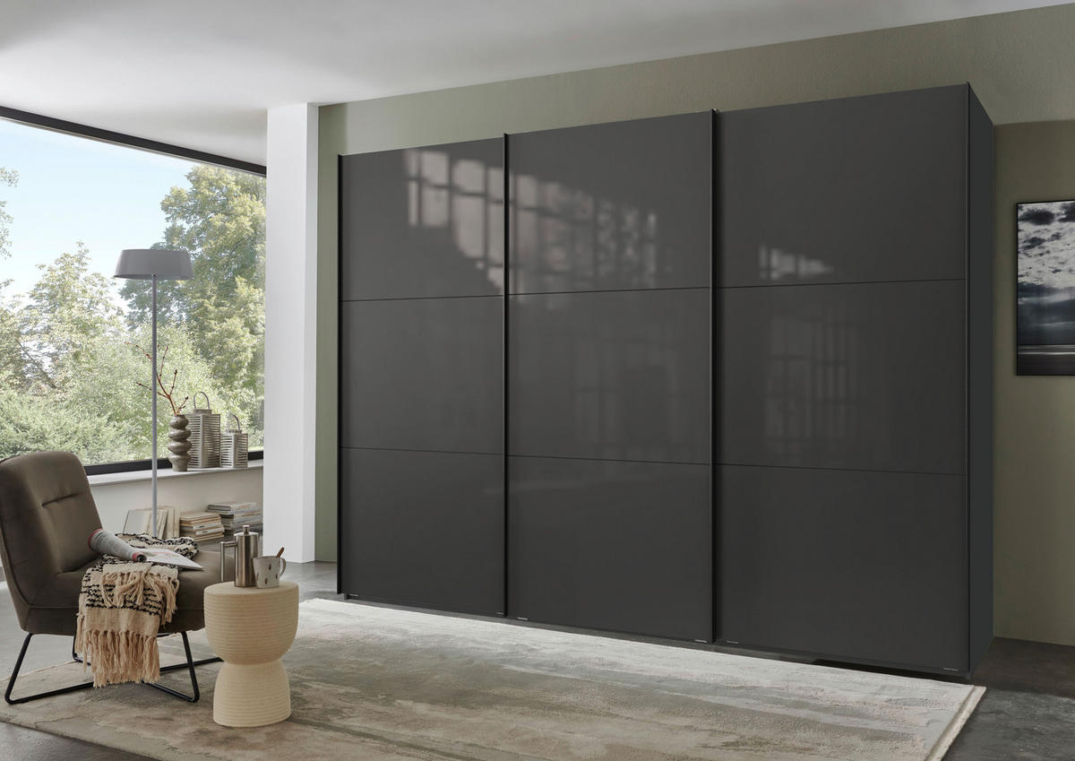 SCHWEBETÜRENSCHRANK in Graphitfarben, Grau  - Schwarz/Graphitfarben, Konventionell, Glas/Holzwerkstoff (300/216/65cm) - Stylife