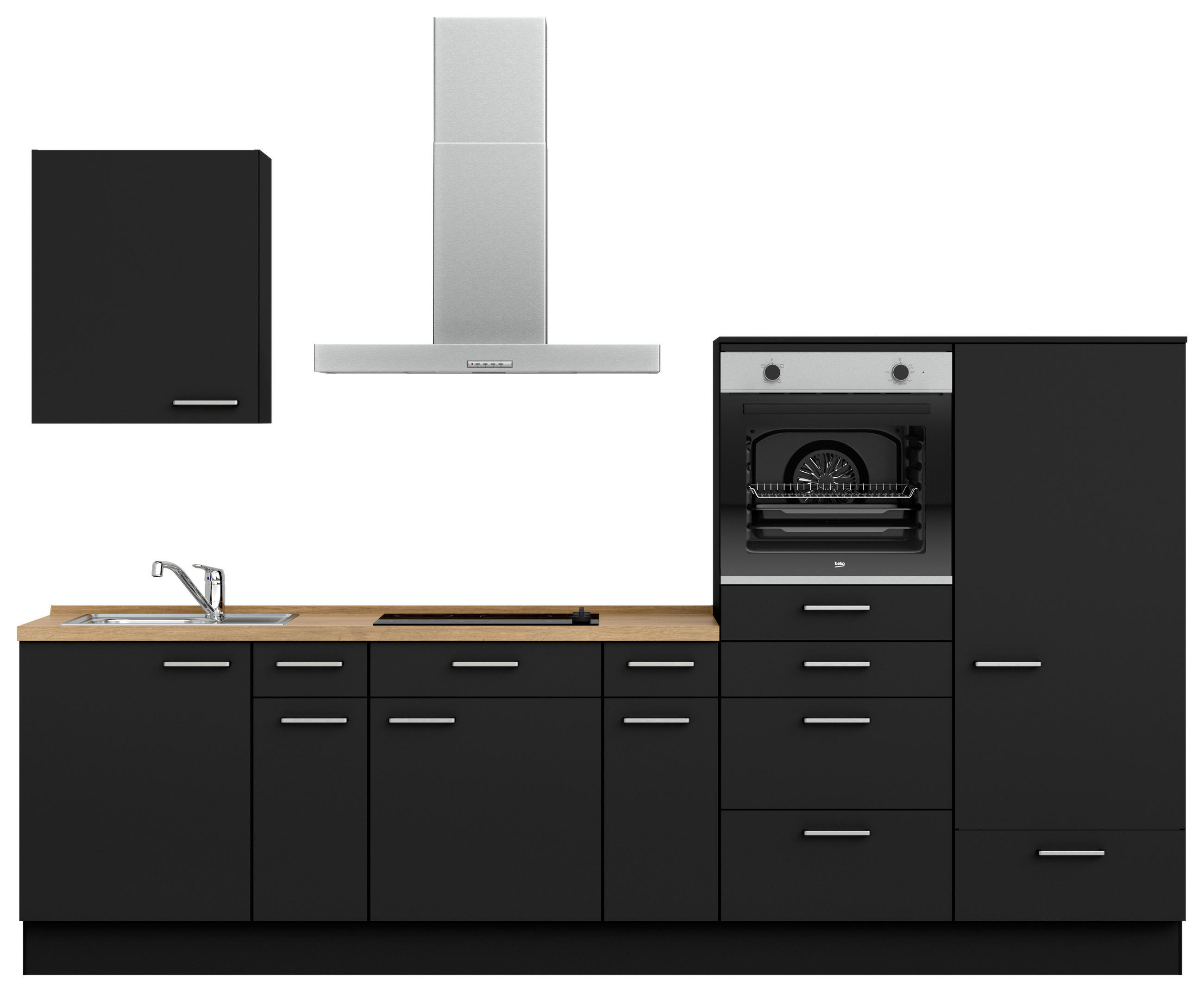 KÜCHENBLOCK 300 cm   in Schwarz, Eichefarben  - Edelstahlfarben/Eichefarben, MODERN, Holzwerkstoff/Metall (300cm) - Nobilia