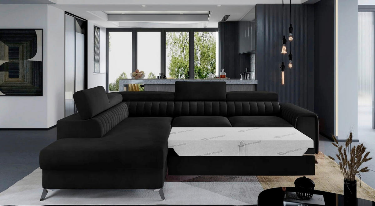 ECKSOFA  Schwarz Samt  - Silberfarben/Schwarz, Design, Textil/Metall (205/278cm) - MID.YOU