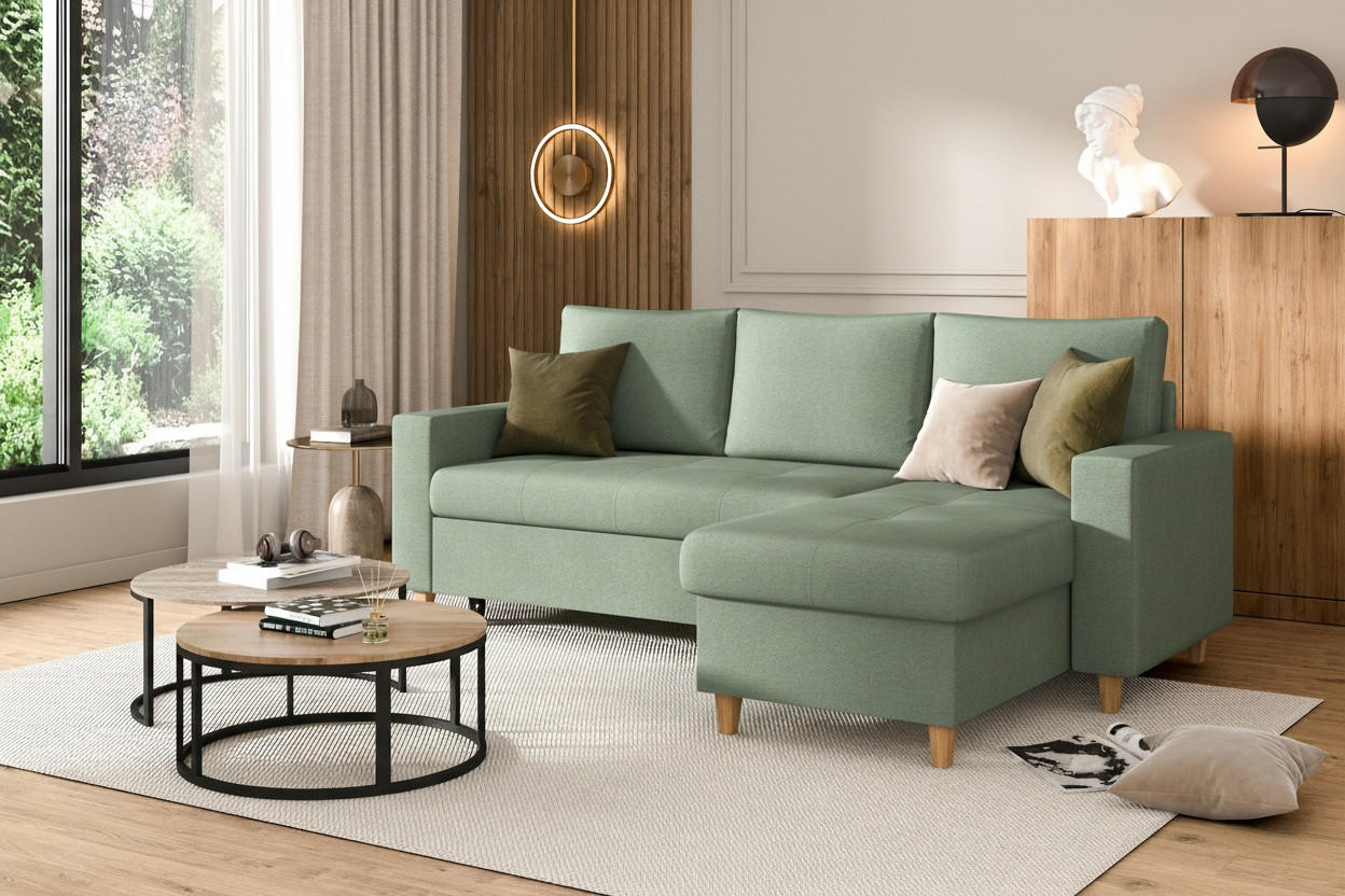 ECKSOFA Chenille Mintgrün  - Buchefarben/Mintgrün, Design, Holz/Holzwerkstoff (227/96cm) - MID.YOU