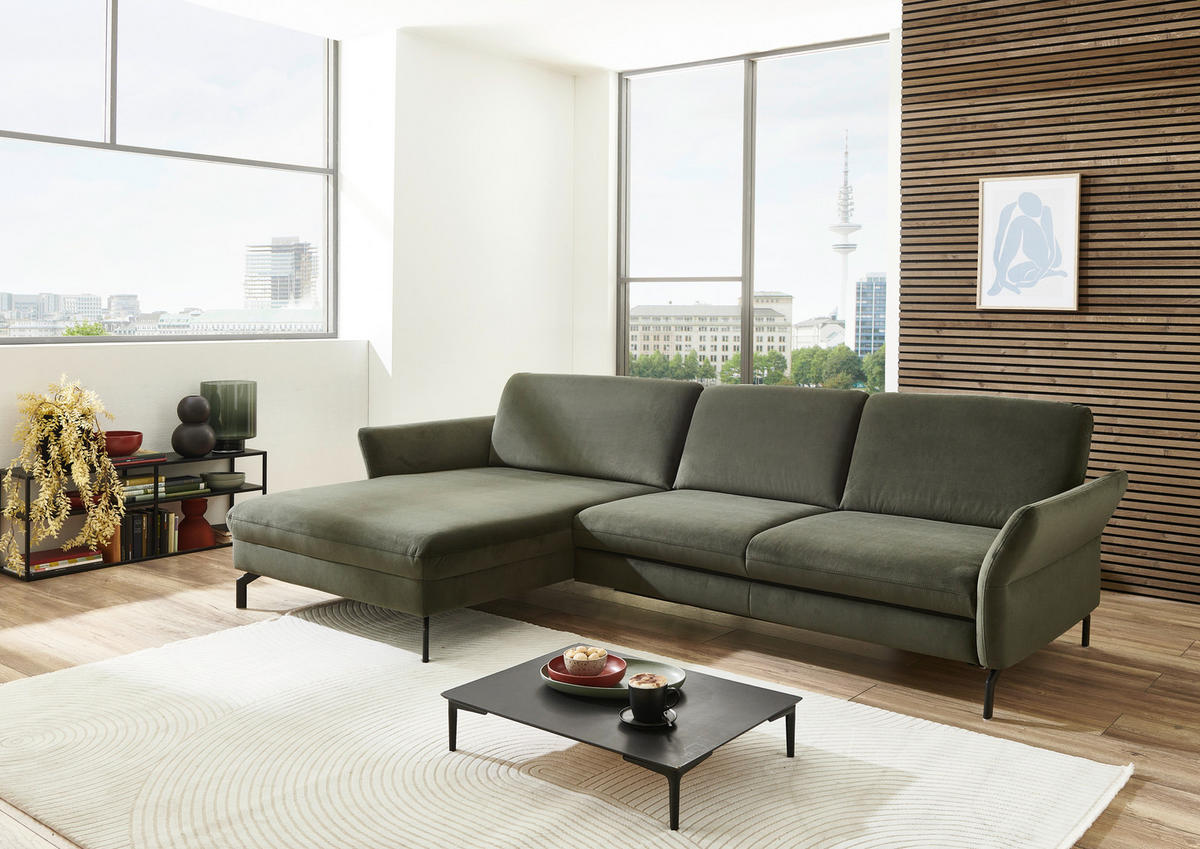 ECKSOFA in Velours Olivgrün  - Schwarz/Olivgrün, Design, Textil/Metall (179/306cm) - Beldomo System