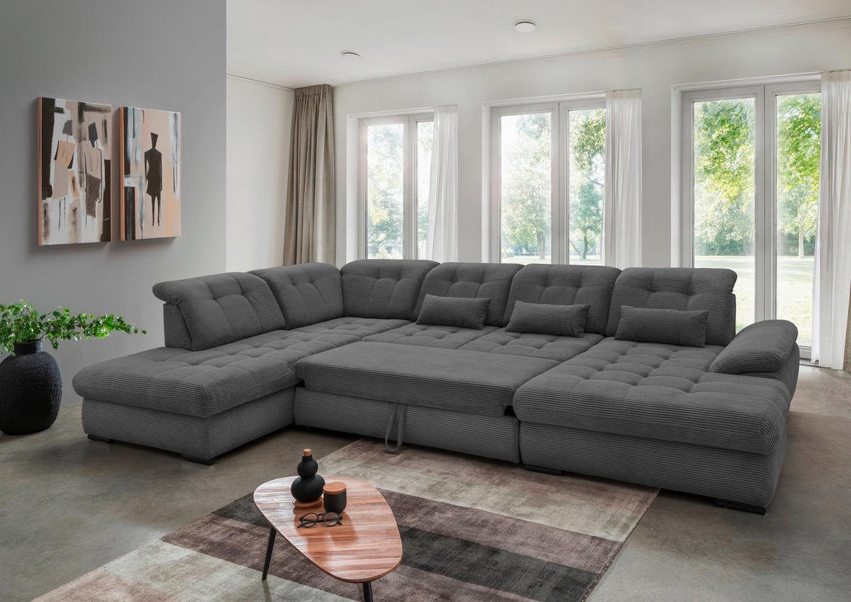 WOHNLANDSCHAFT in Cord Grau  - Schwarz/Grau, Modern, Textil/Metall (252/387/184cm) - Livetastic