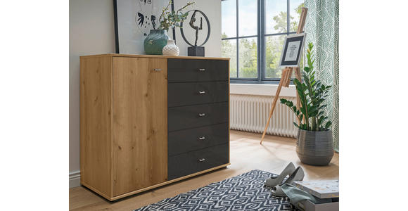 KOMMODE , 120/86/43 cm, 5 Schublade(n)  - Chromfarben/Eichefarben, KONVENTIONELL, Glas/Holzwerkstoff (120/86/43cm) - Novel