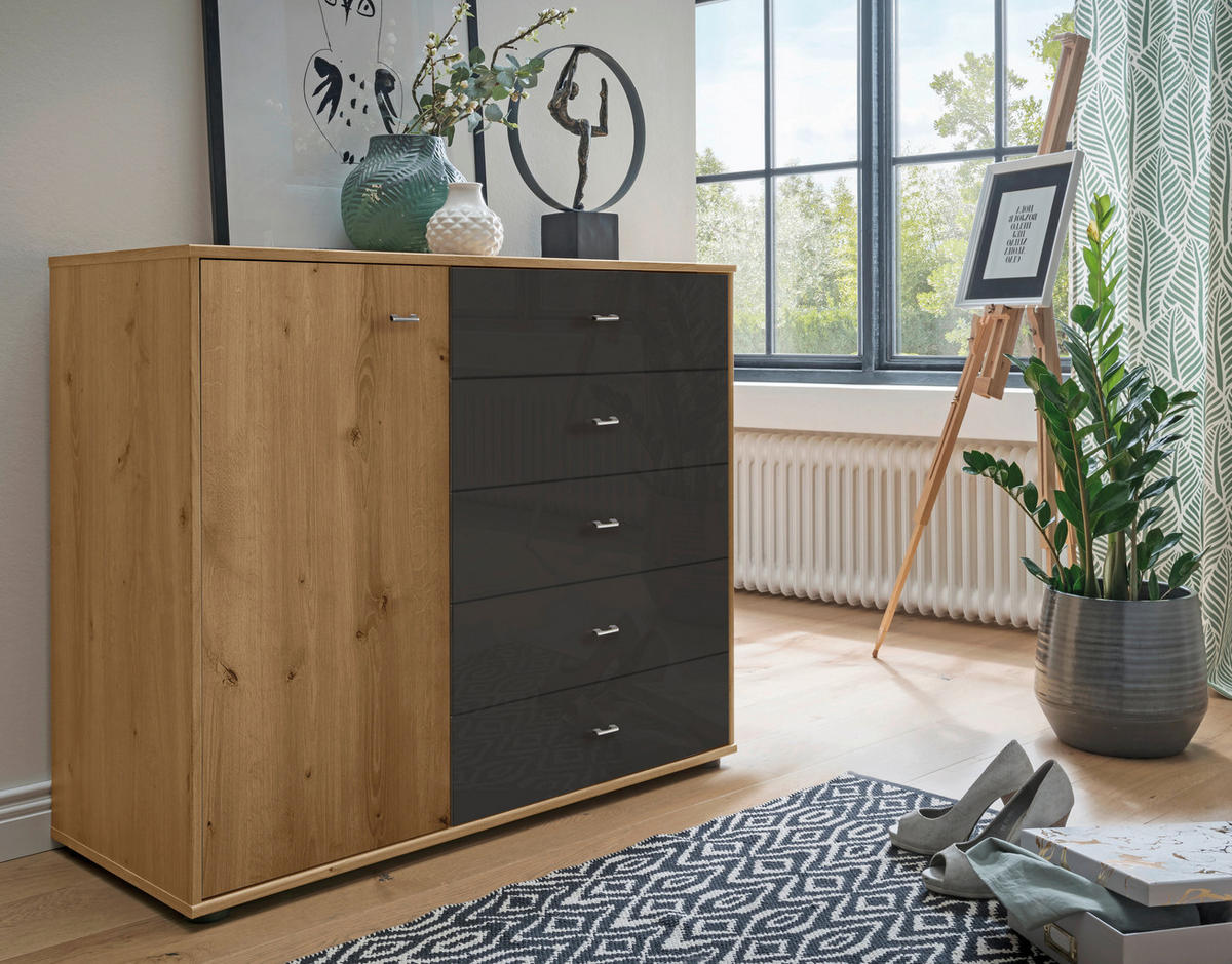KOMMODE , 120/86/43 cm, 5 Schublade(n)  - Chromfarben/Eichefarben, KONVENTIONELL, Glas/Holzwerkstoff (120/86/43cm) - Novel