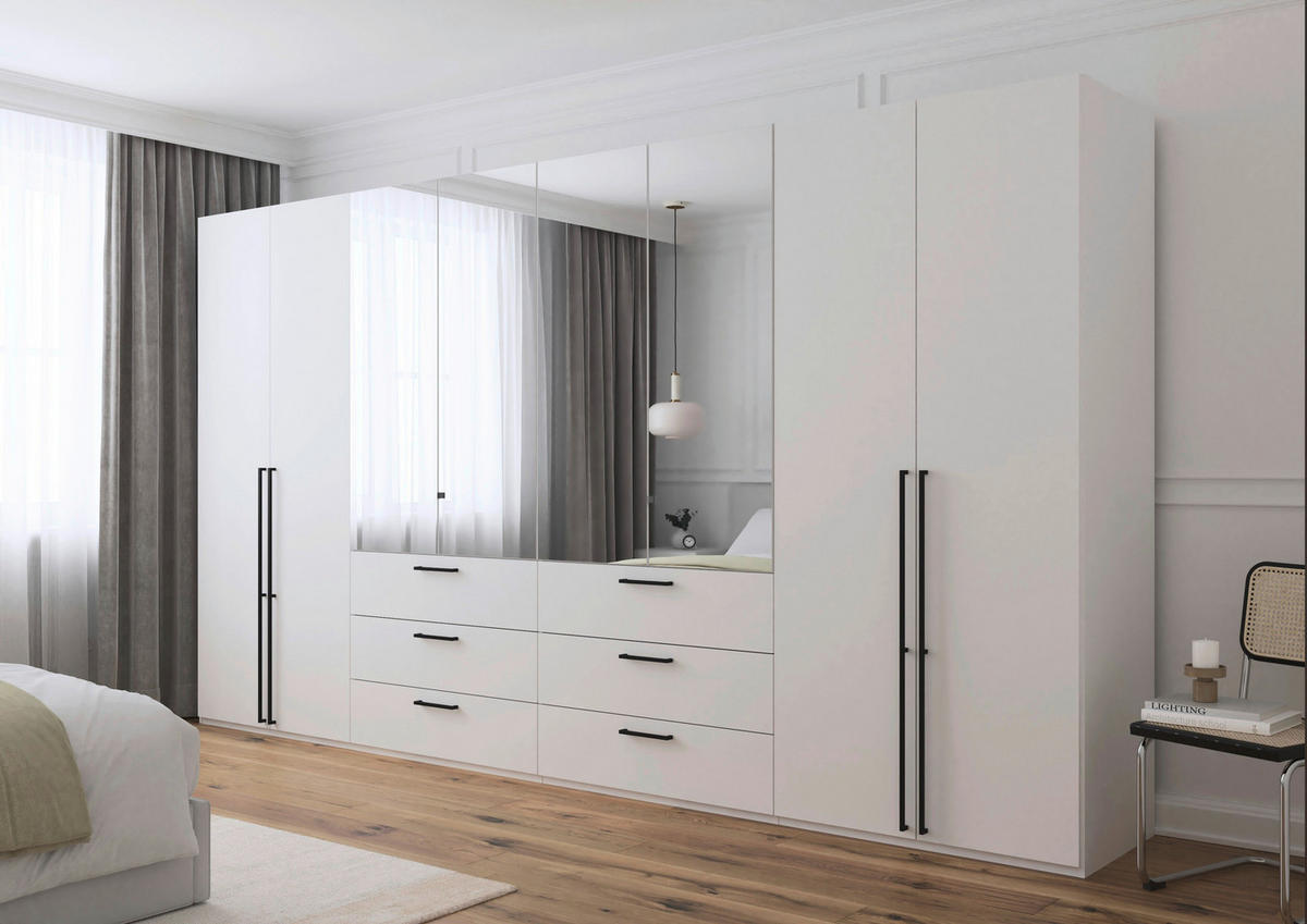 DREHTÜRENSCHRANK 400/235/61 cm,  in Weiß, 8-türig  - Chromfarben/Schwarz, Basics, Glas/Holzwerkstoff (400/235/61cm) - Novel