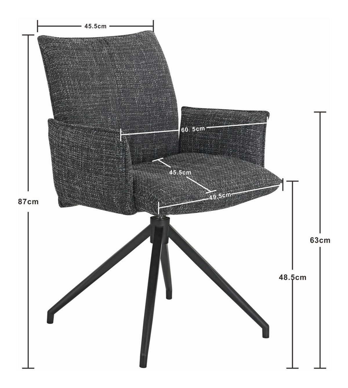 ARMLEHNSTUHL  Sitzfläche 360° drehbar, automatische Rückholfunktion Webstoff  Schwarz  - Schwarz, Design, Textil/Metall (60,5/87/61,5cm) - Novel