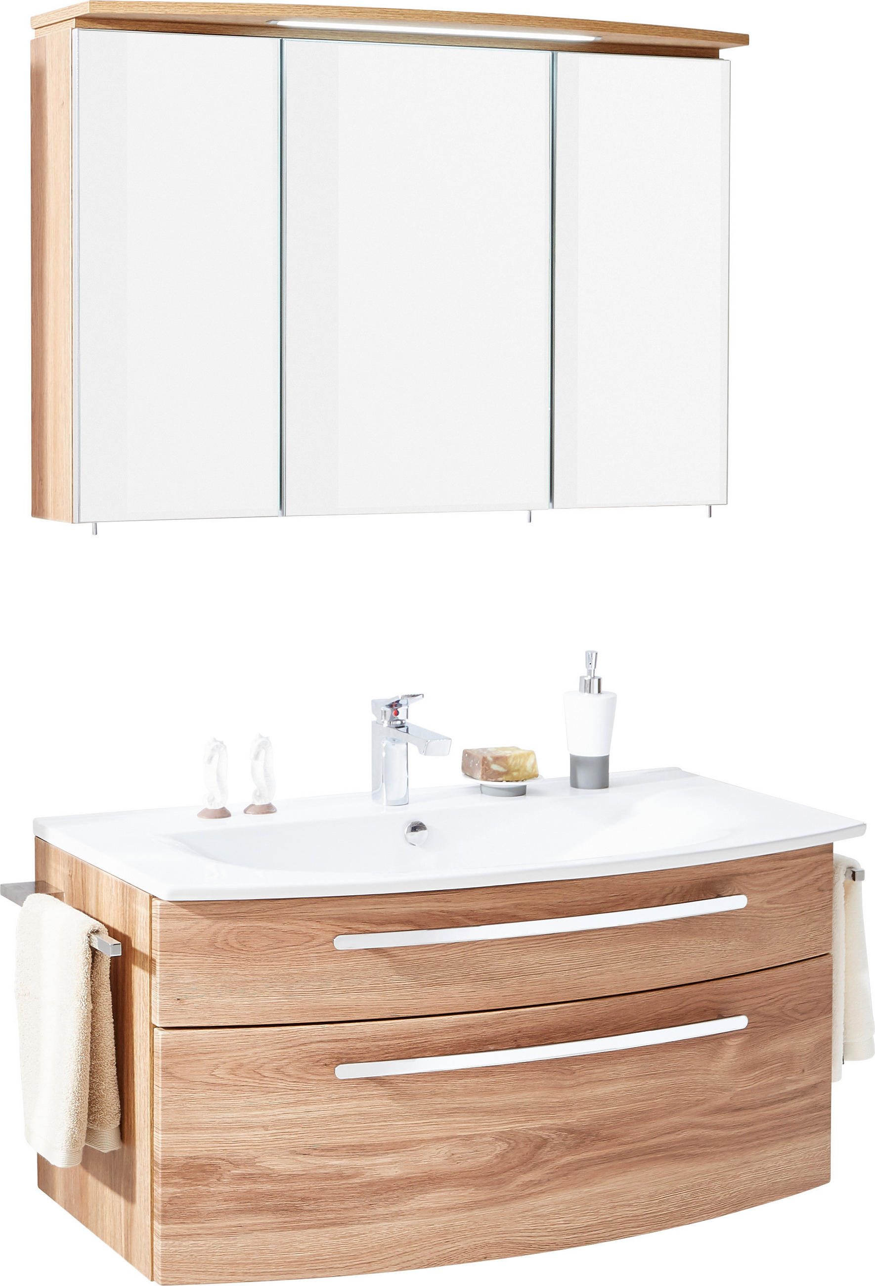 Baie 100 cm - alb/culoare lemn stejar, Konventionell, ceramică/sticlă (100cm) - Novel