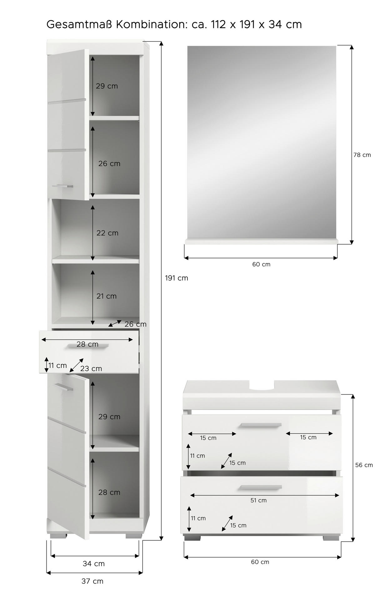 BADEZIMMER 3-teilig  in 97 cm  - Weiß Hochglanz/Silberfarben, MODERN, Glas/Holzwerkstoff (97cm) - MID.YOU
