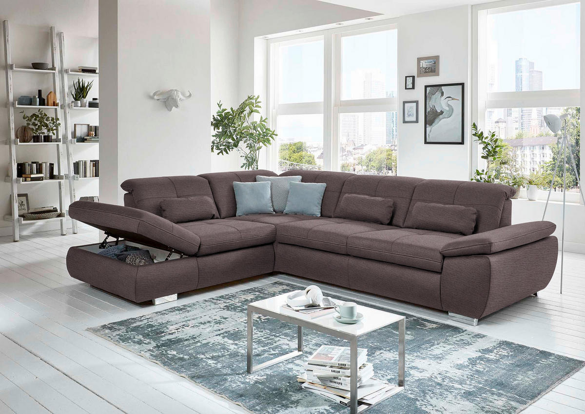 ECKSOFA in Mikrofaser Graubraun  260/318 cm  - Graubraun/Silberfarben, Design, Textil/Metall (260/318cm) - Beldomo Speed