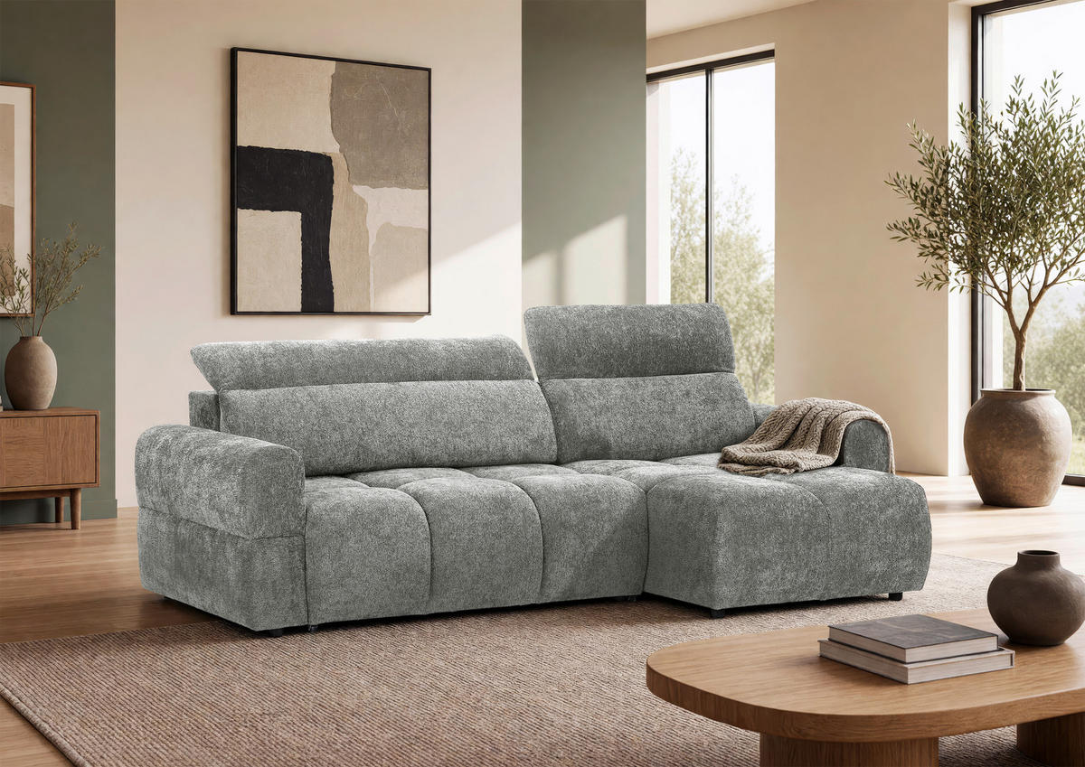 ECKSOFA Blaugrau Chenille Bettkasten, Rücken echt, Kopfteilverstellung, Sitztiefenverstellung  - Blaugrau/Schwarz, MODERN, Kunststoff/Textil (268/165cm) - Carryhome