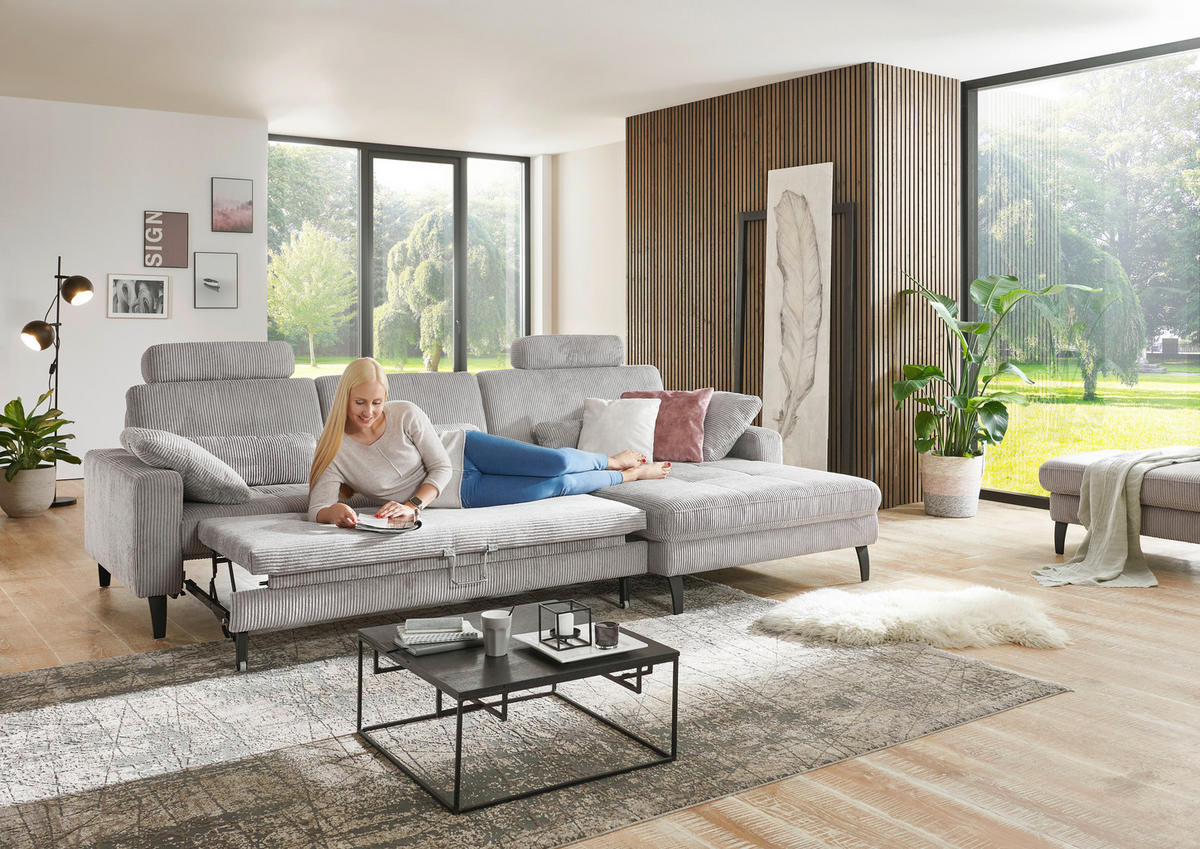 ECKSOFA in Cord Hellgrau  - Hellgrau/Schwarz, Modern, Textil/Metall (302/177cm) - Beldomo Style
