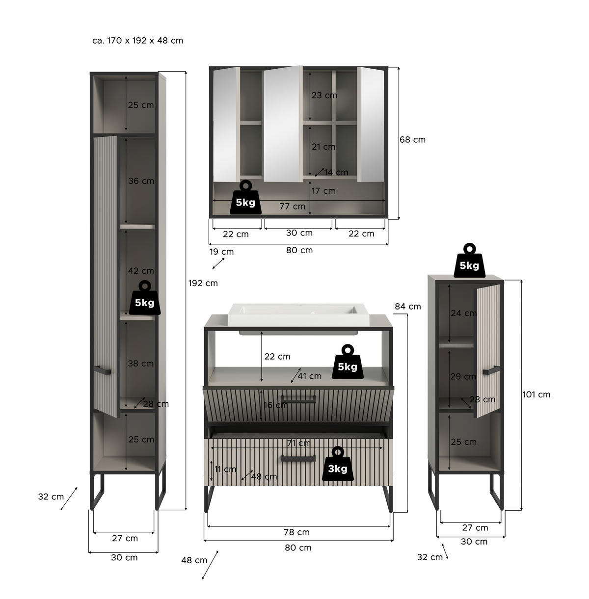 BADEZIMMER 4-teilig  in 140 cm  - Kaschmir/Schwarz, MODERN, Holzwerkstoff/Metall (140cm) - MID.YOU
