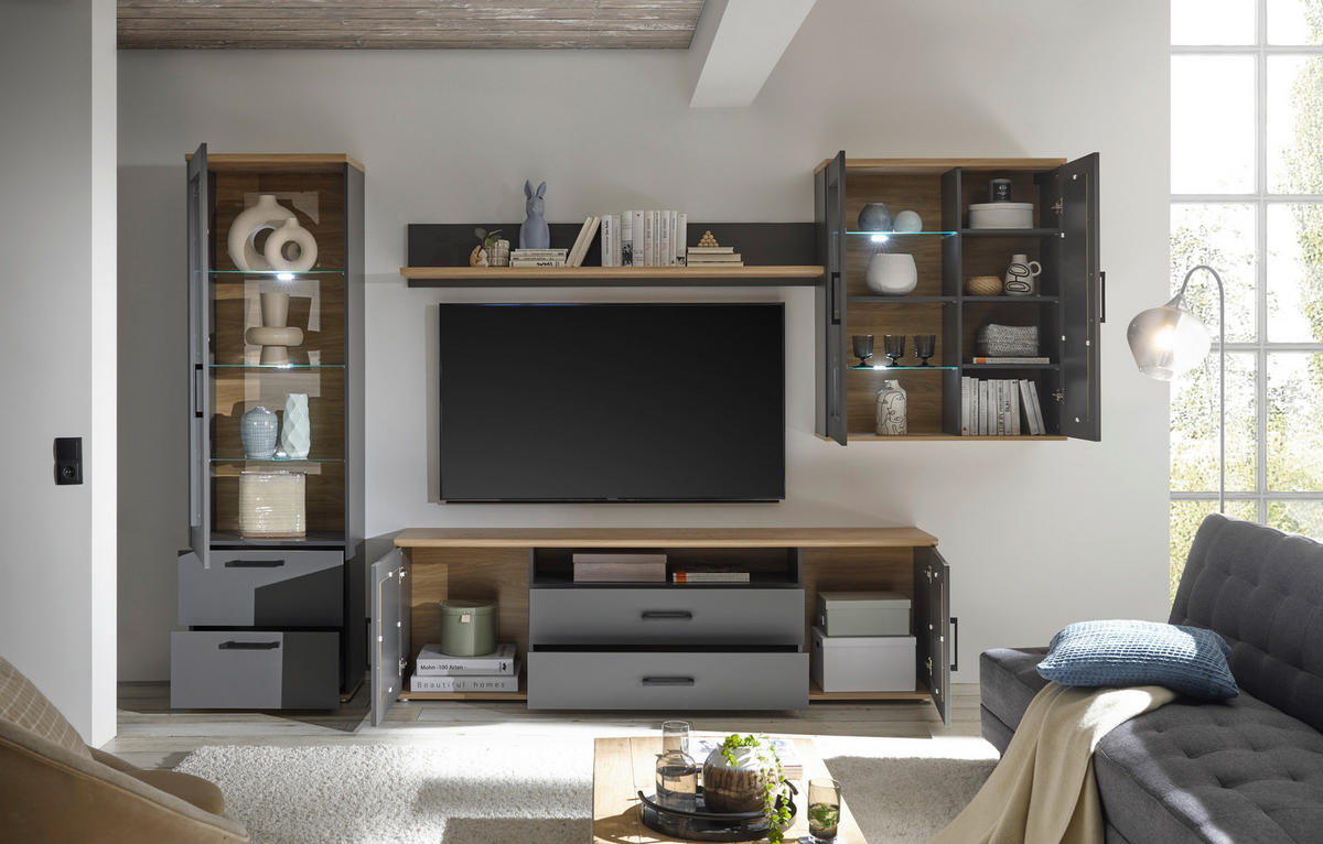 TV-ELEMENT siva, hrast artisan  - srebrne barve/siva, Trendi, umetna masa/leseni material (200/60/38cm) - Carryhome