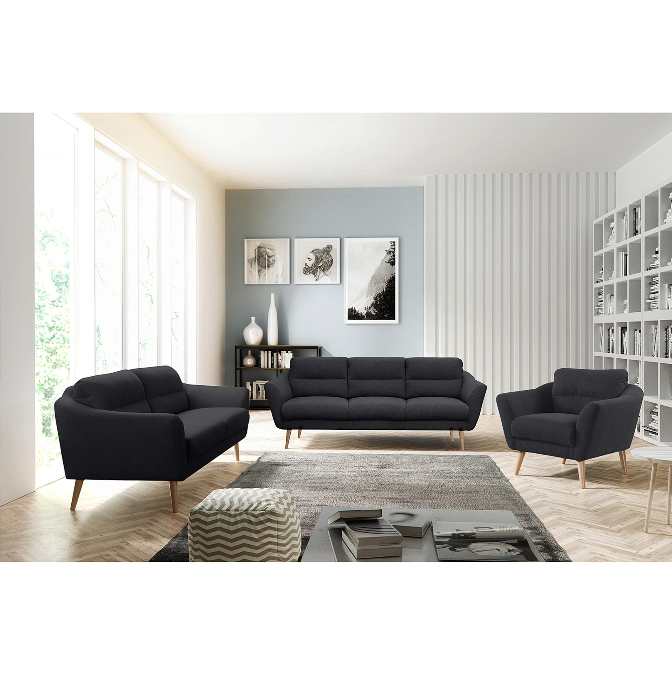 2-SITZER-SOFA in Webstoff Anthrazit  - Anthrazit/Buchefarben, Design, Holz/Textil (158/87/88cm) - Livetastic