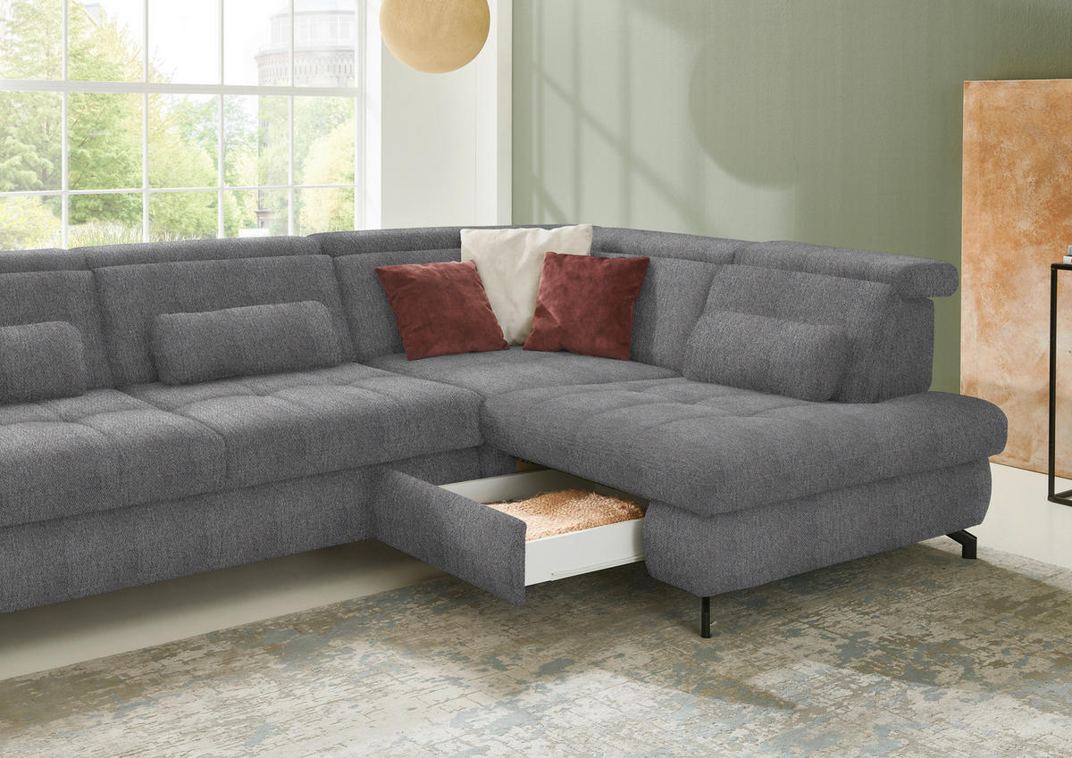 ECKSOFA in Chenille Grau  - Schwarz/Grau, Design, Textil/Metall (310/220cm) - Beldomo Style
