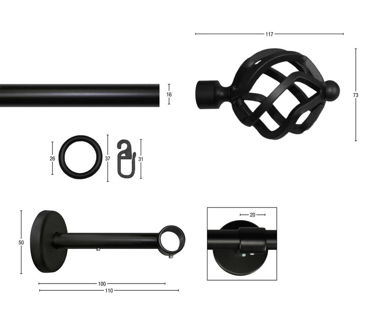 VORHANGSTANGE 300 cm  - Schwarz, KONVENTIONELL, Metall (300cm)