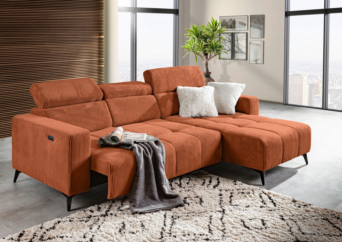 ECKSOFA Rostfarben Cord Rücken echt, Kopfteilverstellung, Sitzvorzug  - Rostfarben/Schwarz, KONVENTIONELL, Textil/Metall (257/170cm) - Carryhome