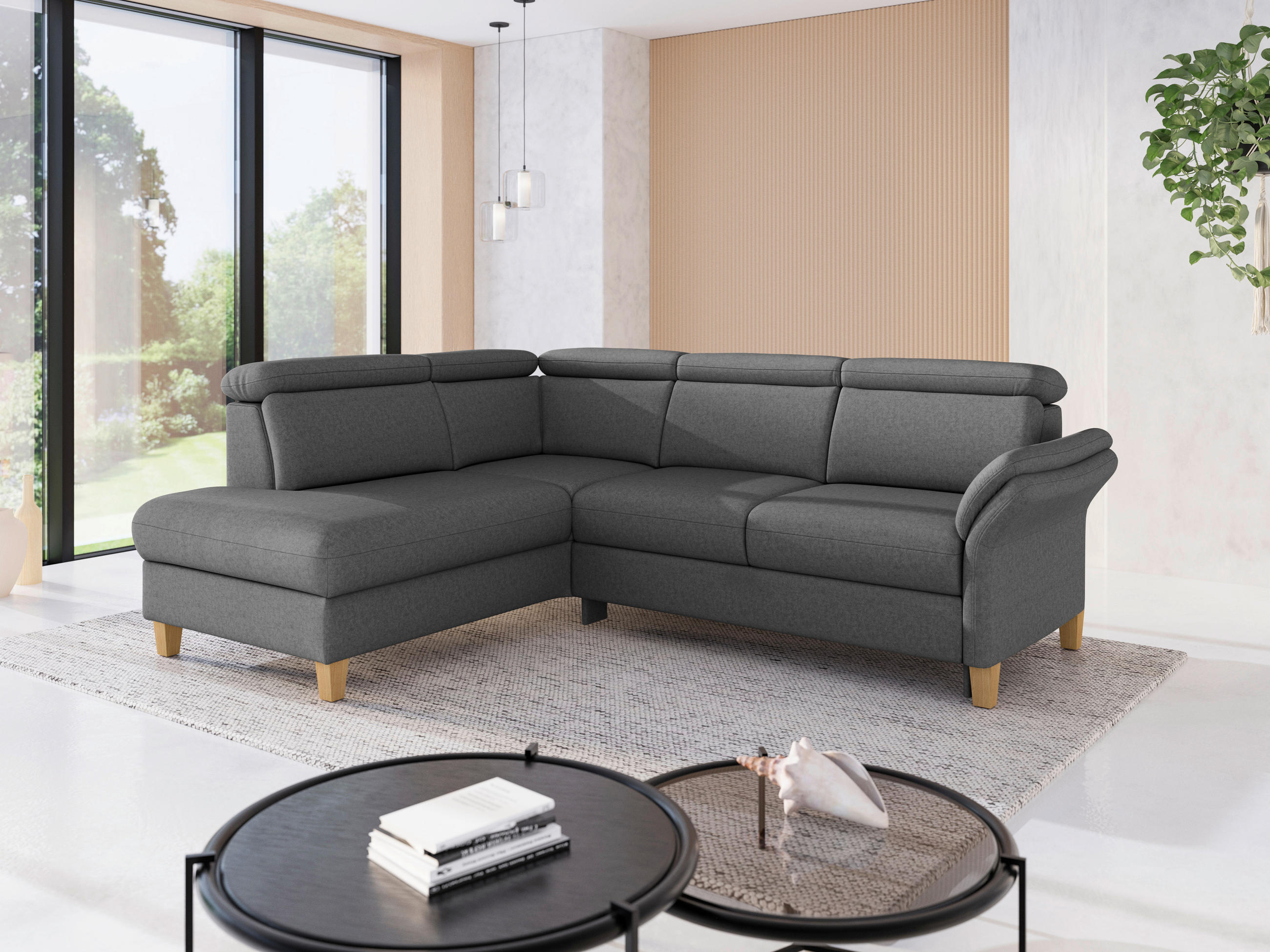 ECKSOFA GLENDALE E in Flachgewebe Dunkelgrau  193/247 cm  - Eichefarben/Dunkelgrau, KONVENTIONELL, Holz/Textil (193/247cm) - Sit & More