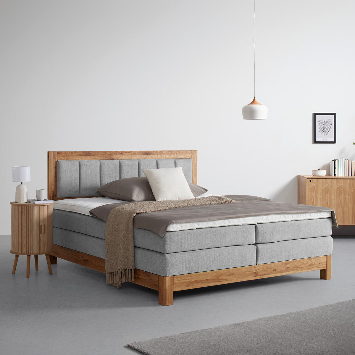 Boxspring, 160/200 cm, gri - bej/culoare lemn stejar, Konventionell, lemn/textil (160/200cm) - Valnatura