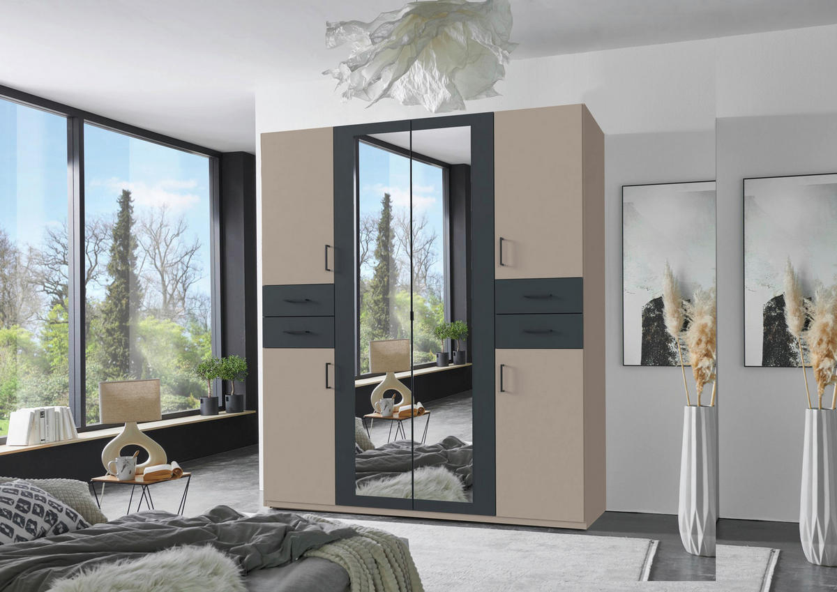 DREHTÜRENSCHRANK Graphitfarben, Grau, Sahara  - Schwarz/Graphitfarben, Basics, Glas/Holzwerkstoff (180/208/58cm) - MID.YOU