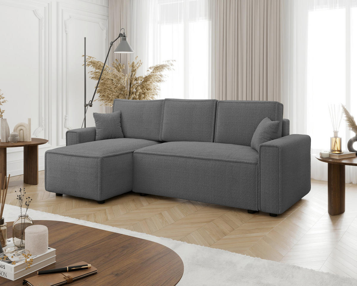 ECKSOFA Dunkelgrau Bouclé Zierkissen, Rückenkissen, Bettkasten, Schlaffunktion, Rücken echt, Liegefläche im Originalstoff  - Dunkelgrau/Schwarz, MODERN, Kunststoff/Textil (143/232cm) - Carryhome