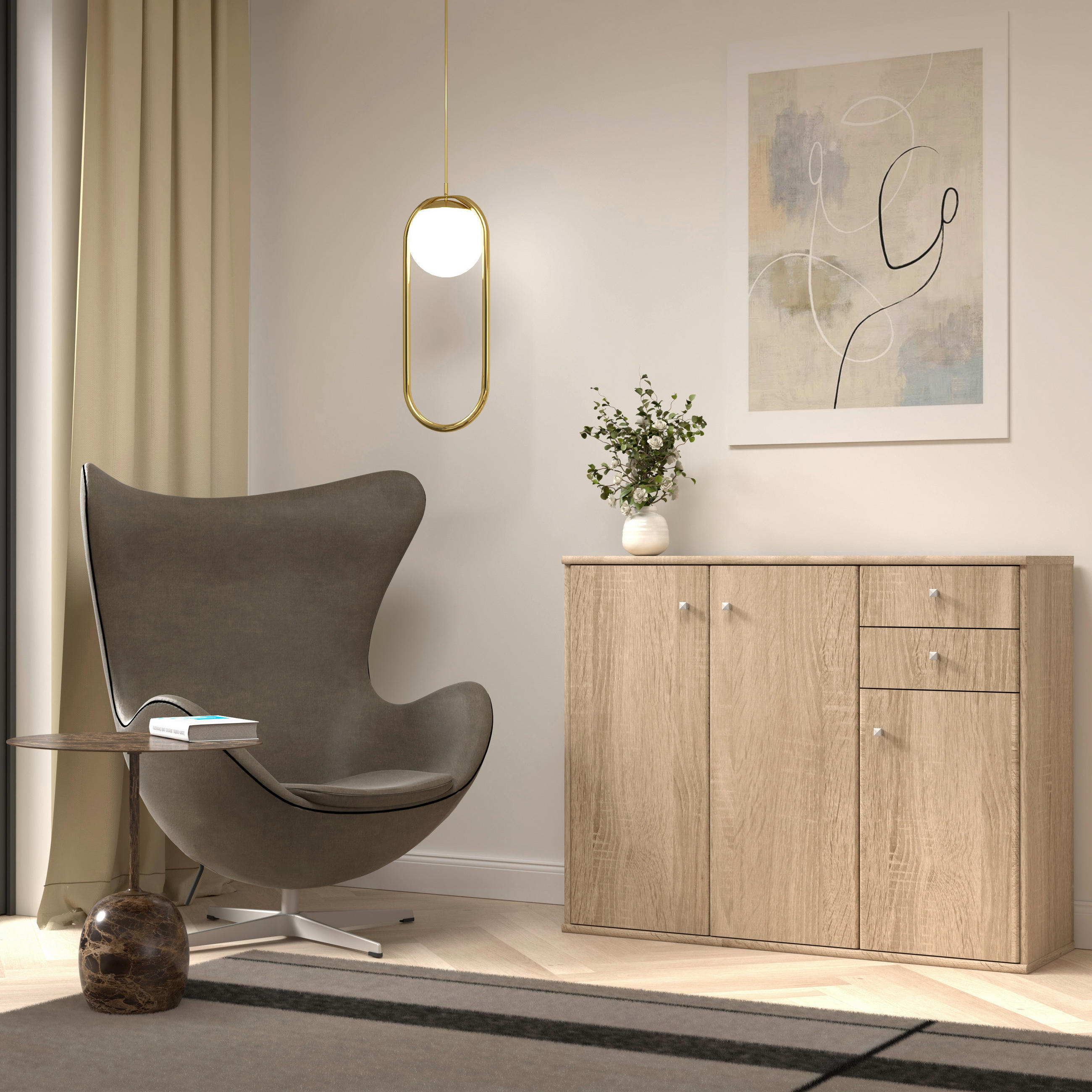 KOMMODE Sonoma Eiche - Alufarben/Sonoma Eiche, Design, Holzwerkstoff/Kunststoff (108,8/85,5/34,8cm)