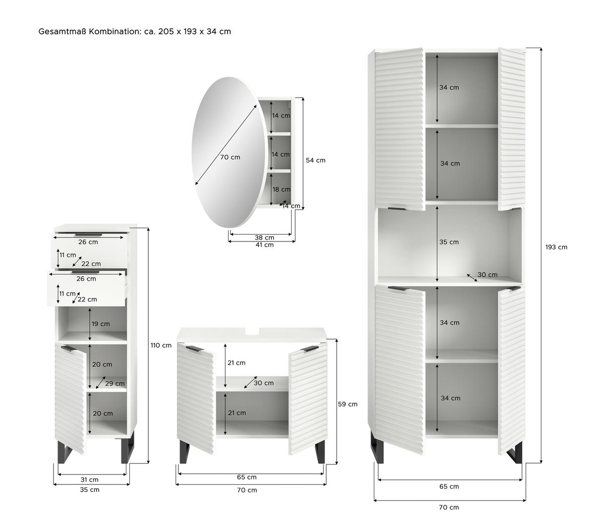 BADEZIMMER 4-teilig  in 175 cm  - Schwarz/Weiß, MODERN, Holzwerkstoff/Metall (175cm) - MID.YOU