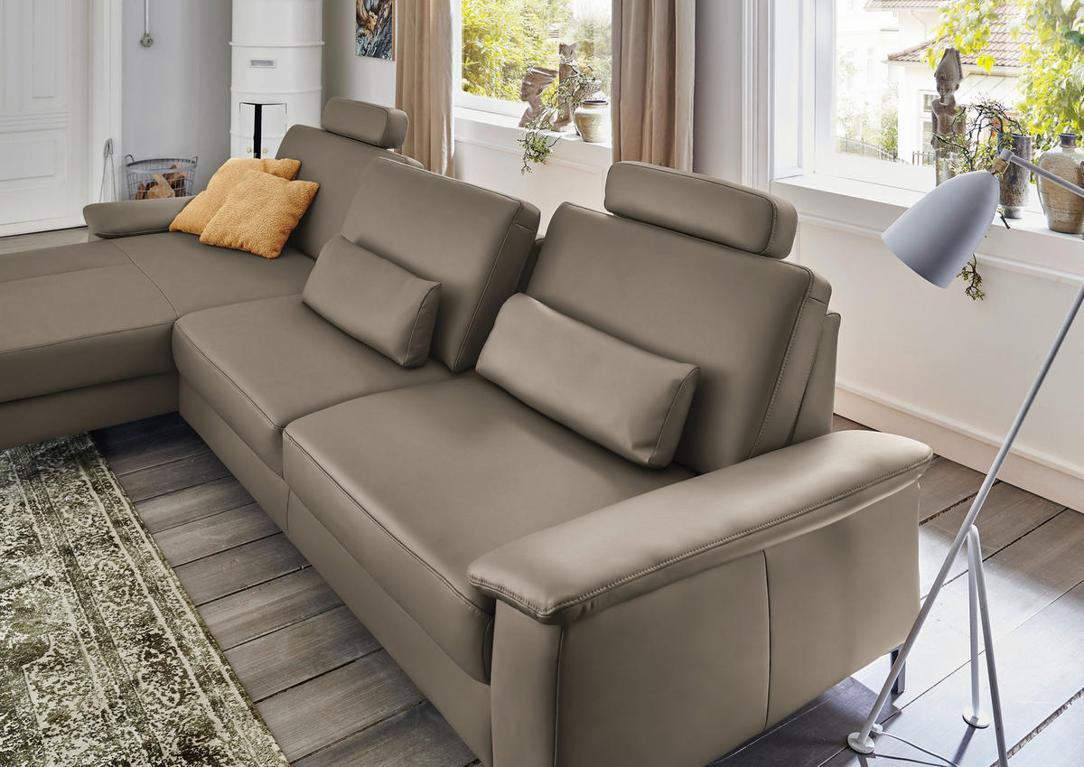 ECKSOFA in Echtleder Graubraun  - Graubraun/Schwarz, Design, Leder/Metall (176/334cm) - Dieter Knoll