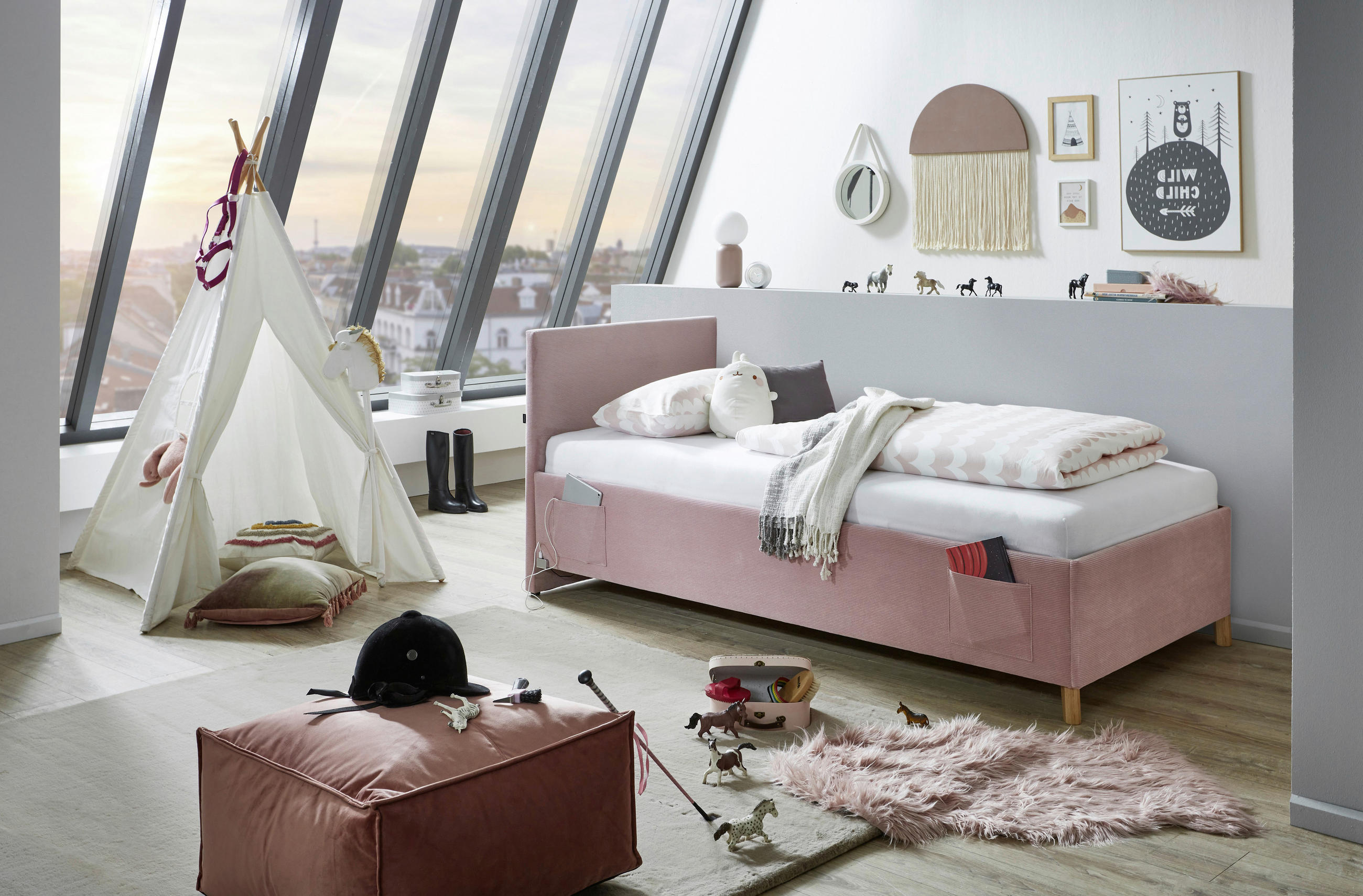 POLSTERBETT 120/200 cm  in Rosa  - Eichefarben/Rosa, KONVENTIONELL, Holz/Textil (120/200cm) - Stylife